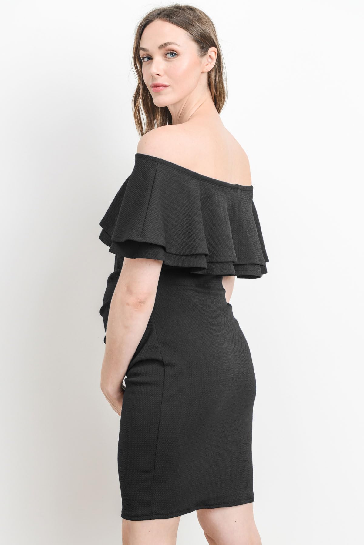 LaClef Women's Off Shoulder Maternity Dress with Double Ruffle - Flowy Nursing Dress for Pregnancy & Breastfeeding, Perfect for Baby Shower, Maternity Photo Shoot & Summer Occasions