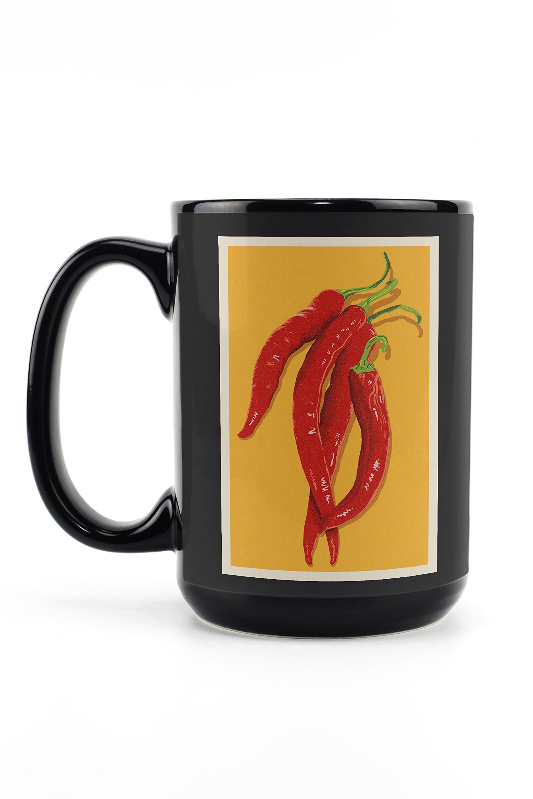 Premium 15oz Black Ceramic Coffee Mug with Red Chiles Letterprint - Dishwasher & Microwave Safe - Perfect for Home, Office & Gifts