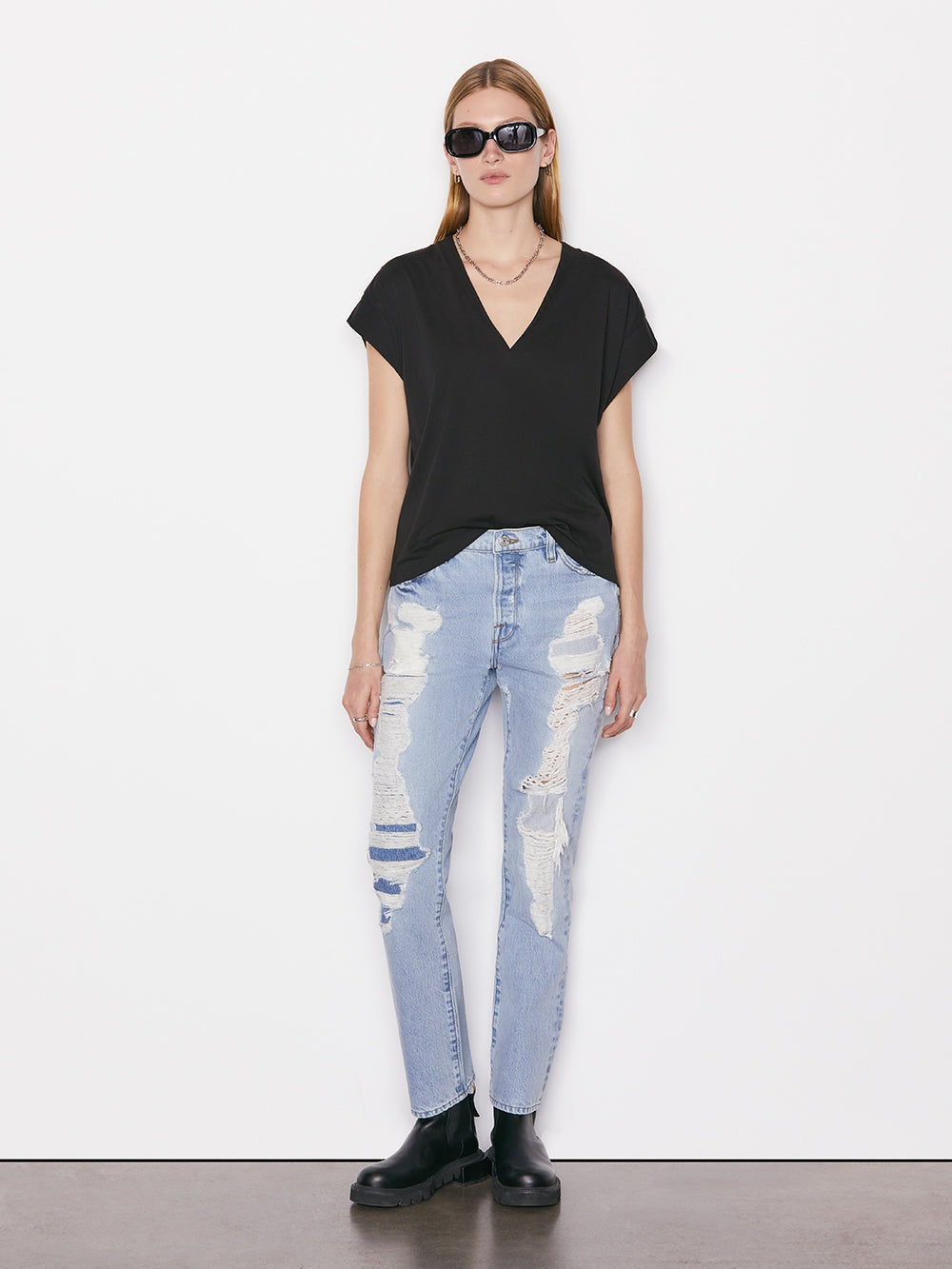 Women's Frame Mid Rise V-Neck T-Shirt - Soft Cotton Casual Tee for Everyday Wear | Perfect for Layering, Workouts & Relaxing