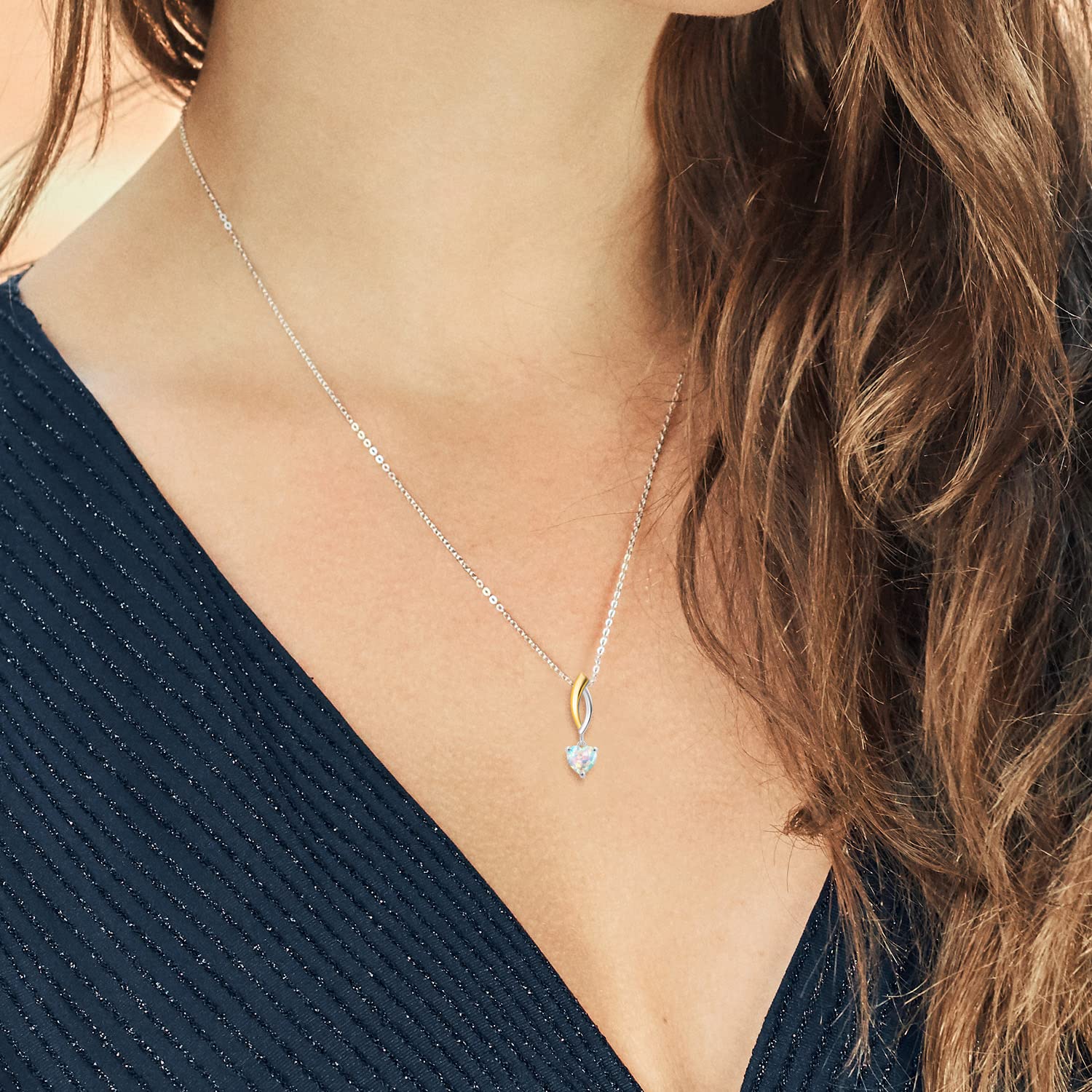 6.5MM Heart Shape Gemstone Birthstone & Lab Grown Diamond Pendant Necklace for Women - 925 Sterling Silver & 10K Yellow Gold with 18