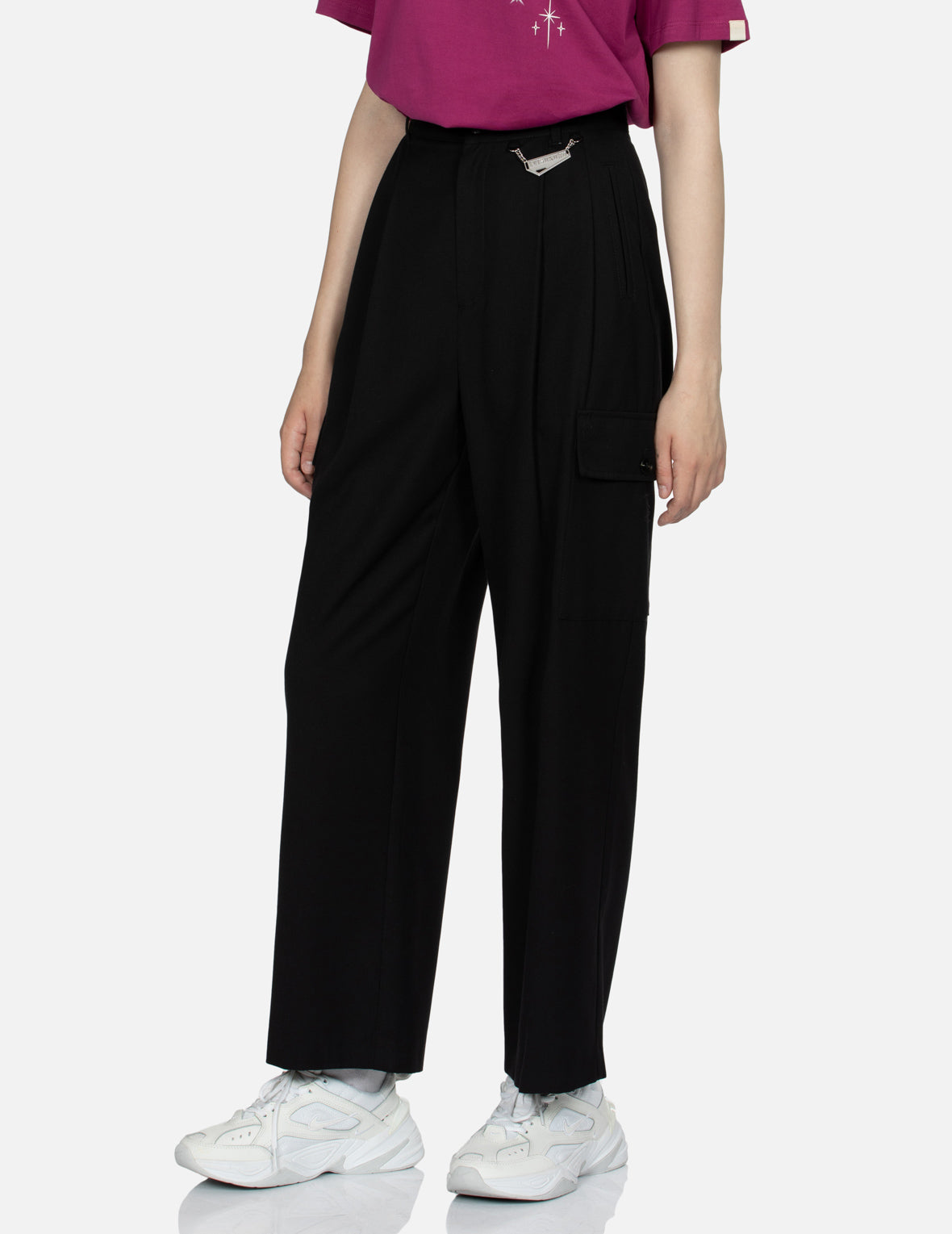 Stylish Logo Embossed Metal Plate Wide Leg Pants for Women - Trendy High Waist Trousers with Unique Design - Perfect for Office, Casual Outfits & Streetwear Fashion