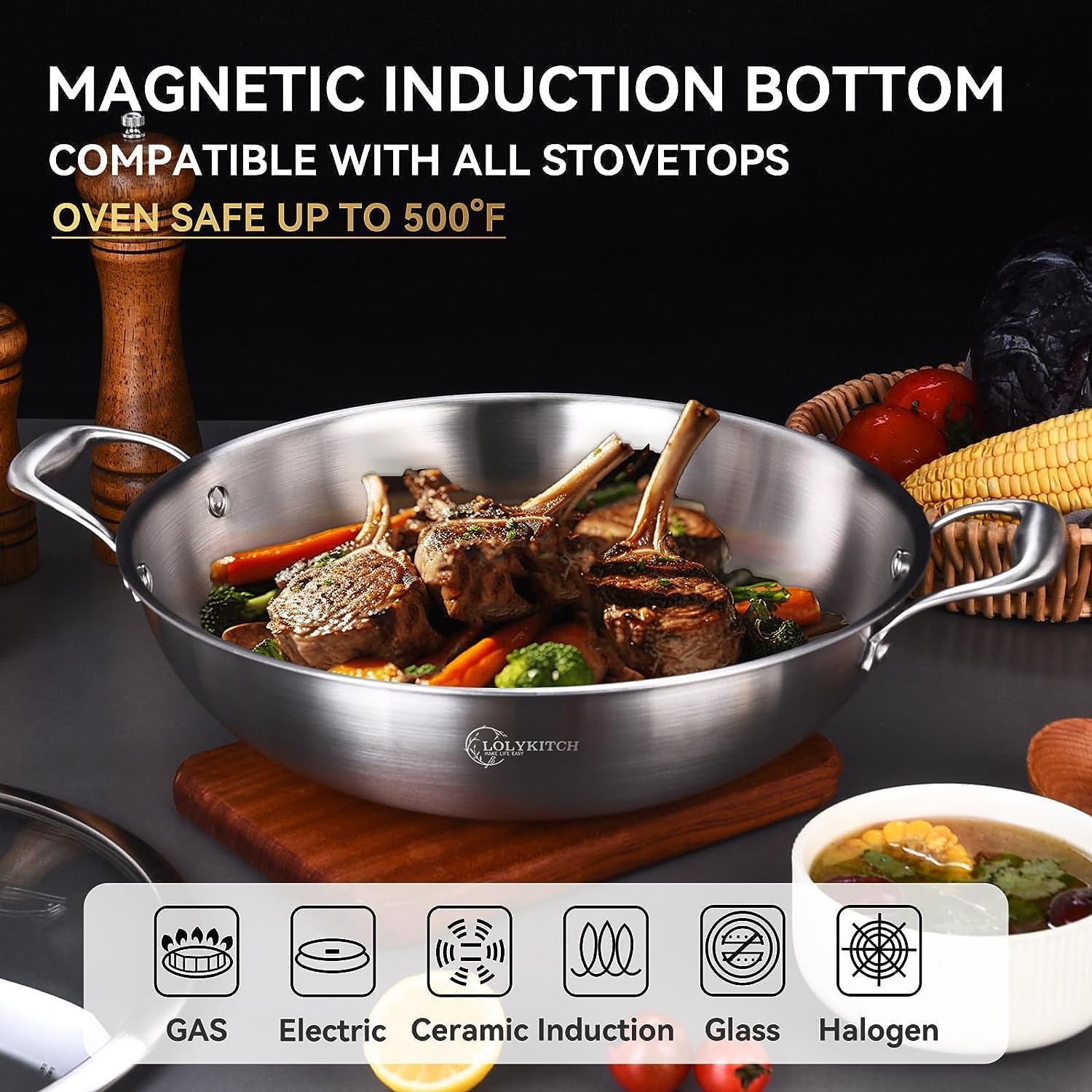 10 Inch Tri-Ply Stainless Steel Wok Pan with Lid - 2.8 Quart Deep Frying Pan for Induction Cooktop - Dishwasher & Oven Safe - Perfect for Stir-Frying, Deep Frying & Asian Cooking