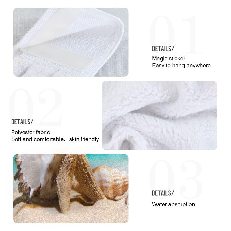 2PCS Beach Seashells & Starfish Hanging Kitchen Towels - Absorbent Dish Cloth with Loop for Oven, Stove & Bathroom - Summer Coastal Home Decor Hand Towel Set for Kitchen & Beach House Decorations