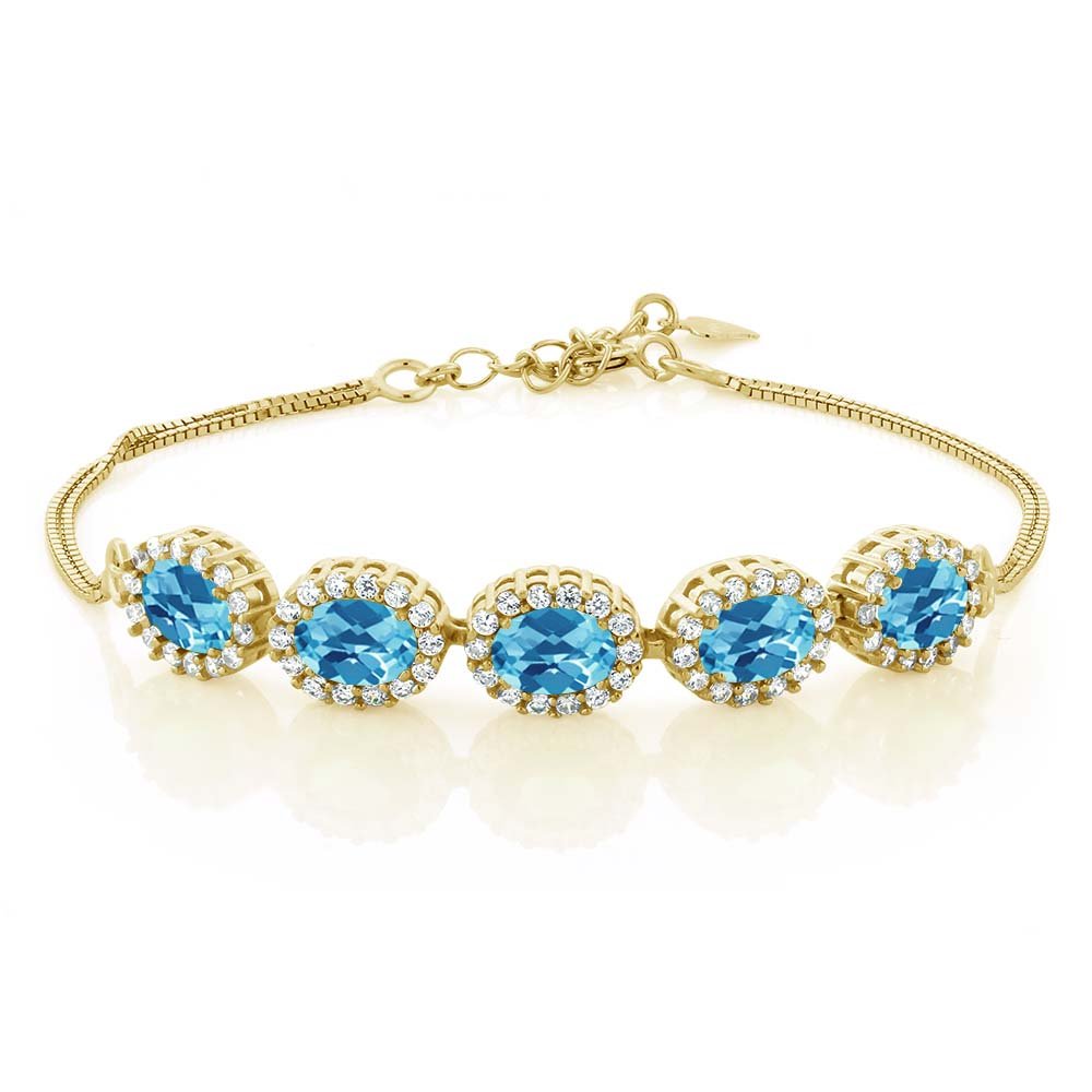 Gem Stone King 7X5MM Oval Cut Gemstone Birthstone Tennis Bracelet for Women - 18K Yellow Gold Plated Sterling Silver | 7 Inch Adjustable Chain with 1.5 Inch Extender | Elegant Fine Jewelry Gift for Mom, Wife, Anniversary, Birthday | Perfect for Weddings, Parties & Special Occasions