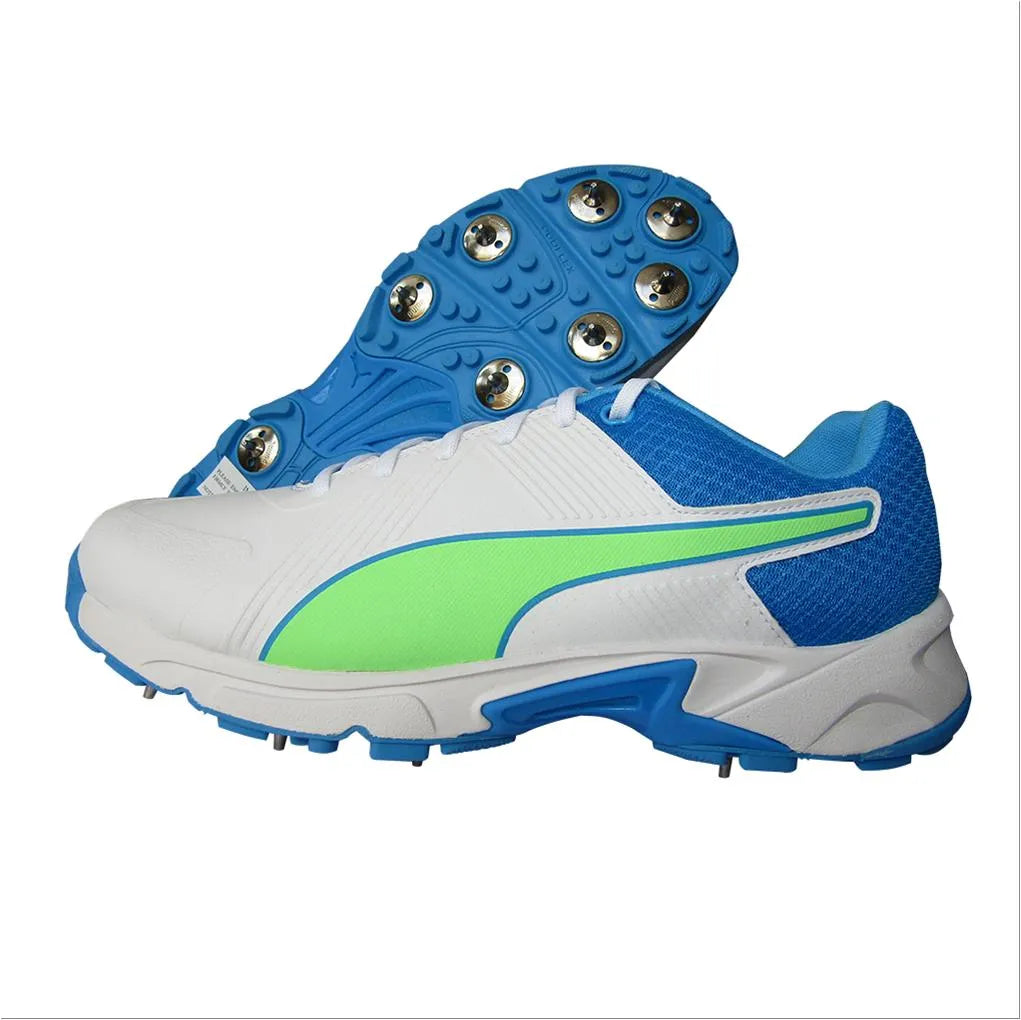 Puma Spike 19.2 Cricket Shoes - White/Navy Blue Metal Spikes for Men | Professional Cricket Footwear for Matches & Training