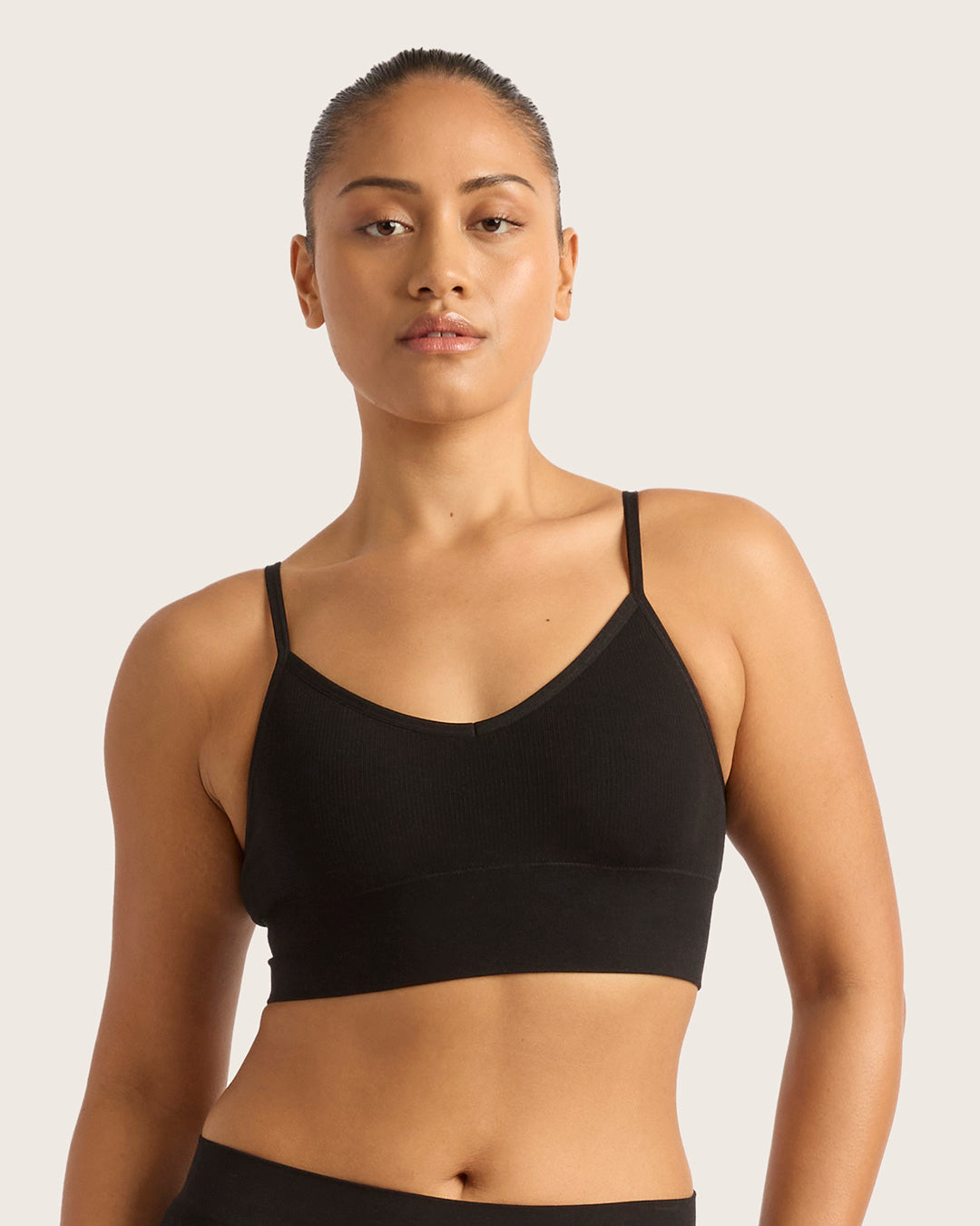 LYOLYTE Ribbed Low Back Bralette - Comfortable Wireless Bralette for Women, Seamless Soft Stretchy Yoga Bralette, Perfect for Lounge, Sleep & Everyday Wear - Black