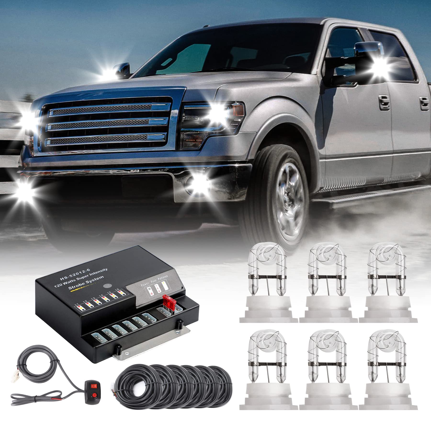 6 HID Bulbs Hideaway Strobe Lights Kit with 13 Flashing Modes & Memory Recall - 16ft Power Cord & Controller - Emergency Vehicle Strobe Lights for Trucks, Cars, Police, Construction (White) - Perfect for Roadside Emergencies, Security Alerts & Warning Signals