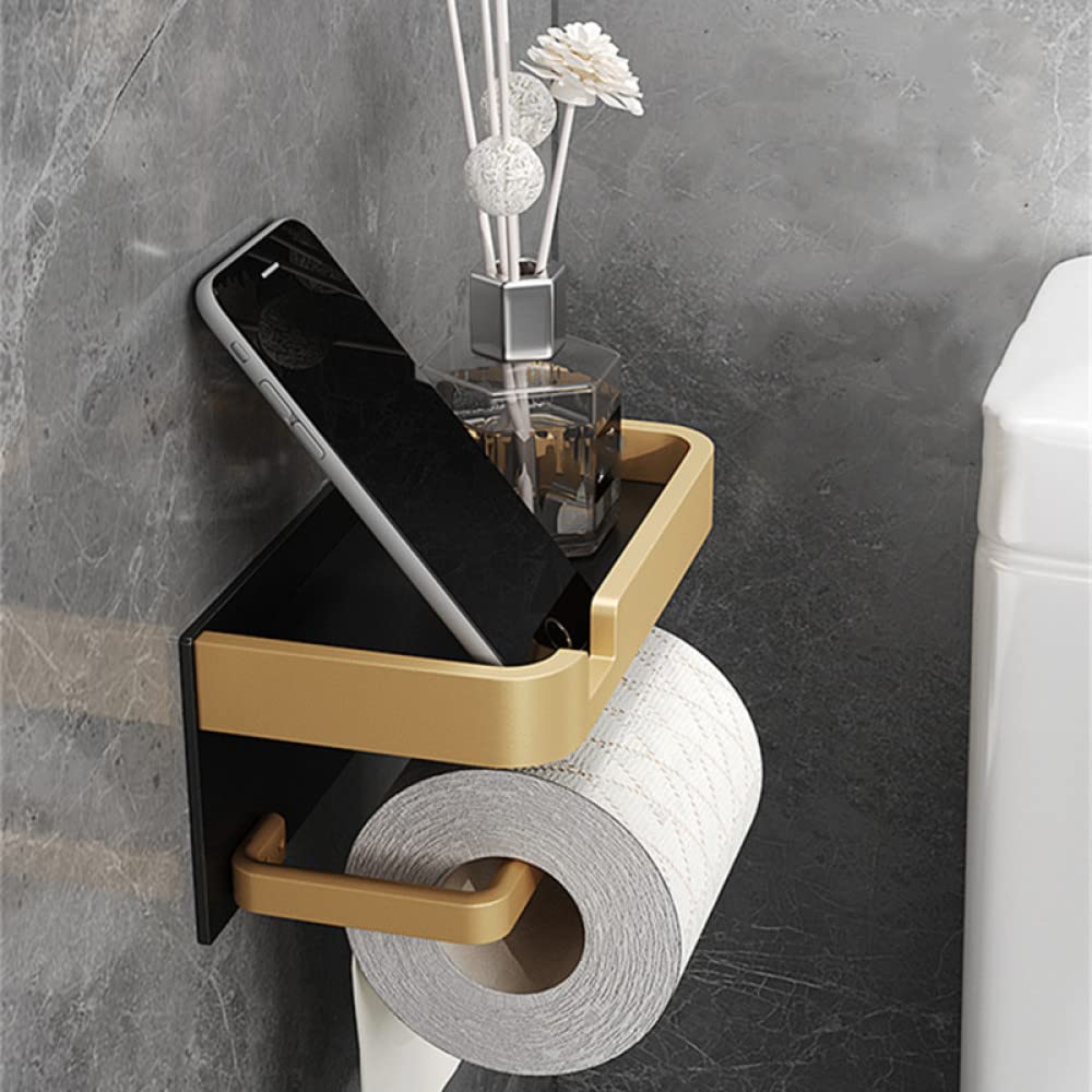 Premium Aluminum Bathroom Paper Holder & Phone Shelf - Black & Gold Toilet Paper Roll & Tissue Box Organizer - Space-Saving Towel Rack for Modern Bathrooms - Perfect for Small Bathrooms & Powder Rooms (Style B1)