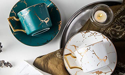 Premium Italian Marble Gold Trim Coffee Cup and Saucer Set - Elegant Ceramic Tea Cup for Afternoon Tea, Espresso & Cappuccino - 1 Cup & 1 Saucer (Milky White) - Perfect for Home, Cafe, and Gift Giving