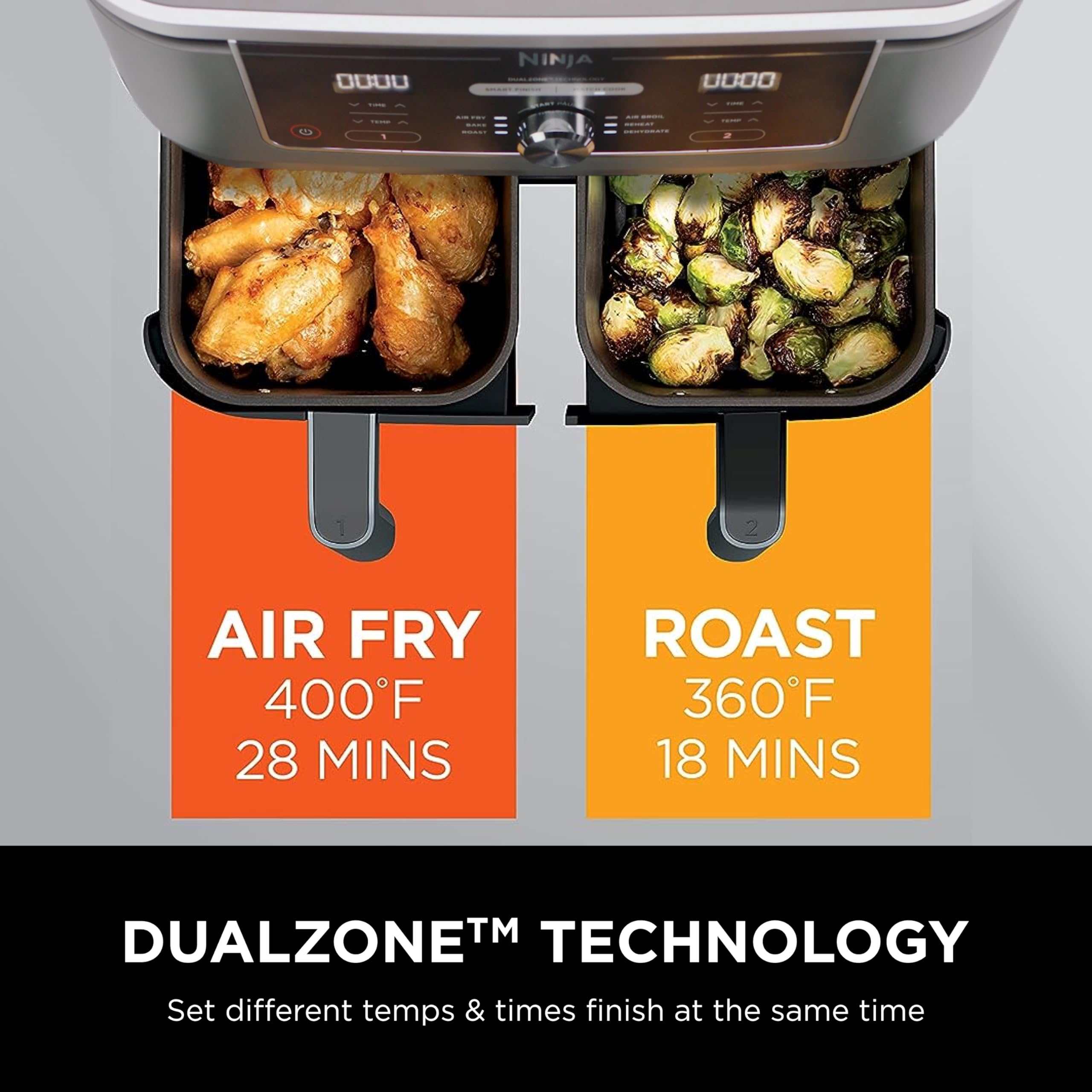 Ninja DZ401 Foodi 10 Quart 6-in-1 DualZone XL 2-Basket Air Fryer with Independent Frying Baskets - Roast, Broil, Dehydrate - Smart Finish & Match Cook Technology - Large Capacity for Family Meals - Grey - Perfect for Quick Cooking, Healthy Meals & Party Snacks