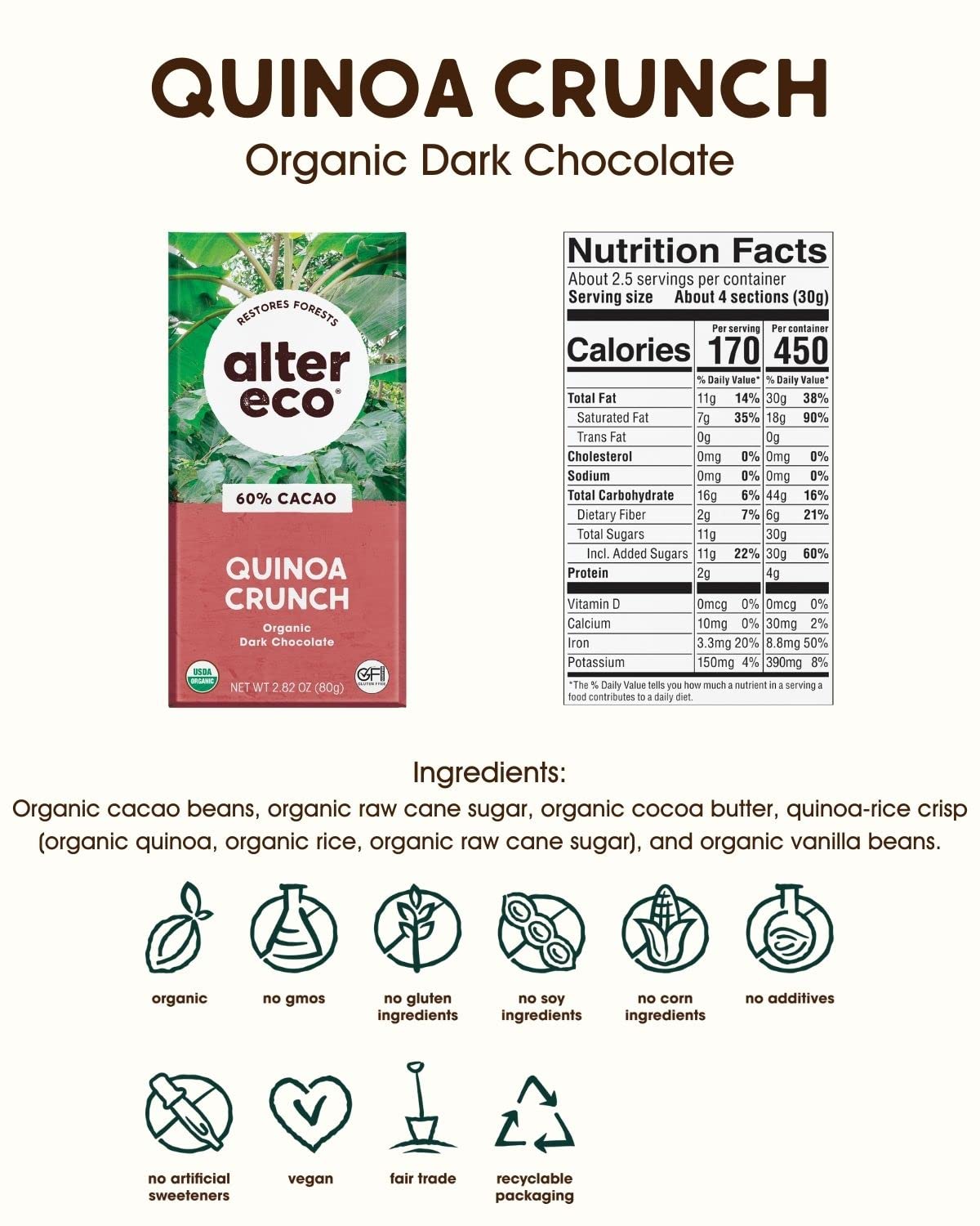 Alter Eco Organic Dark Chocolate Bars - Fair Trade, Non-GMO, Gluten Free, Pure Dark Cocoa with Quinoa Crunch (2-Pack) | Perfect for Healthy Snacking, Gifts & Vegan Treats