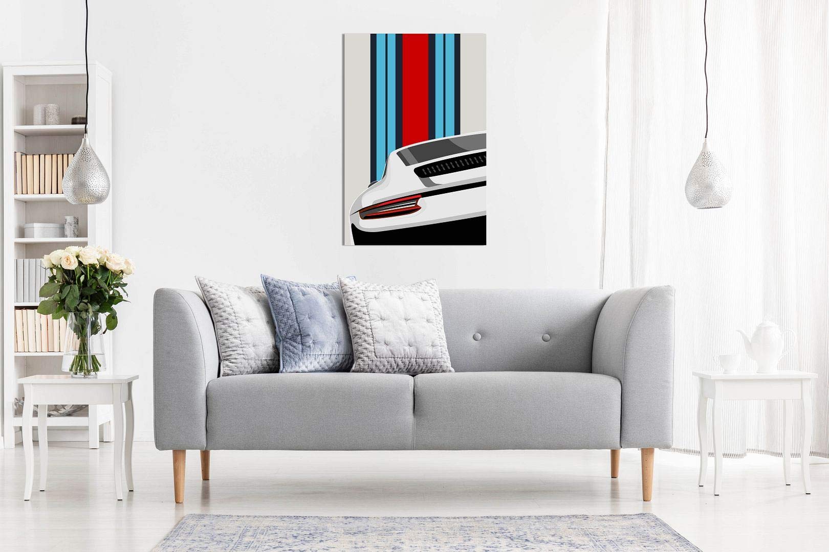 White Porsche Pop Art Abstract Canvas Wall Art Print - Modern Garage Decor & Inspirational Quote - 24x16 Inches - Perfect for Man Cave, Office, or Living Room Wall Decoration