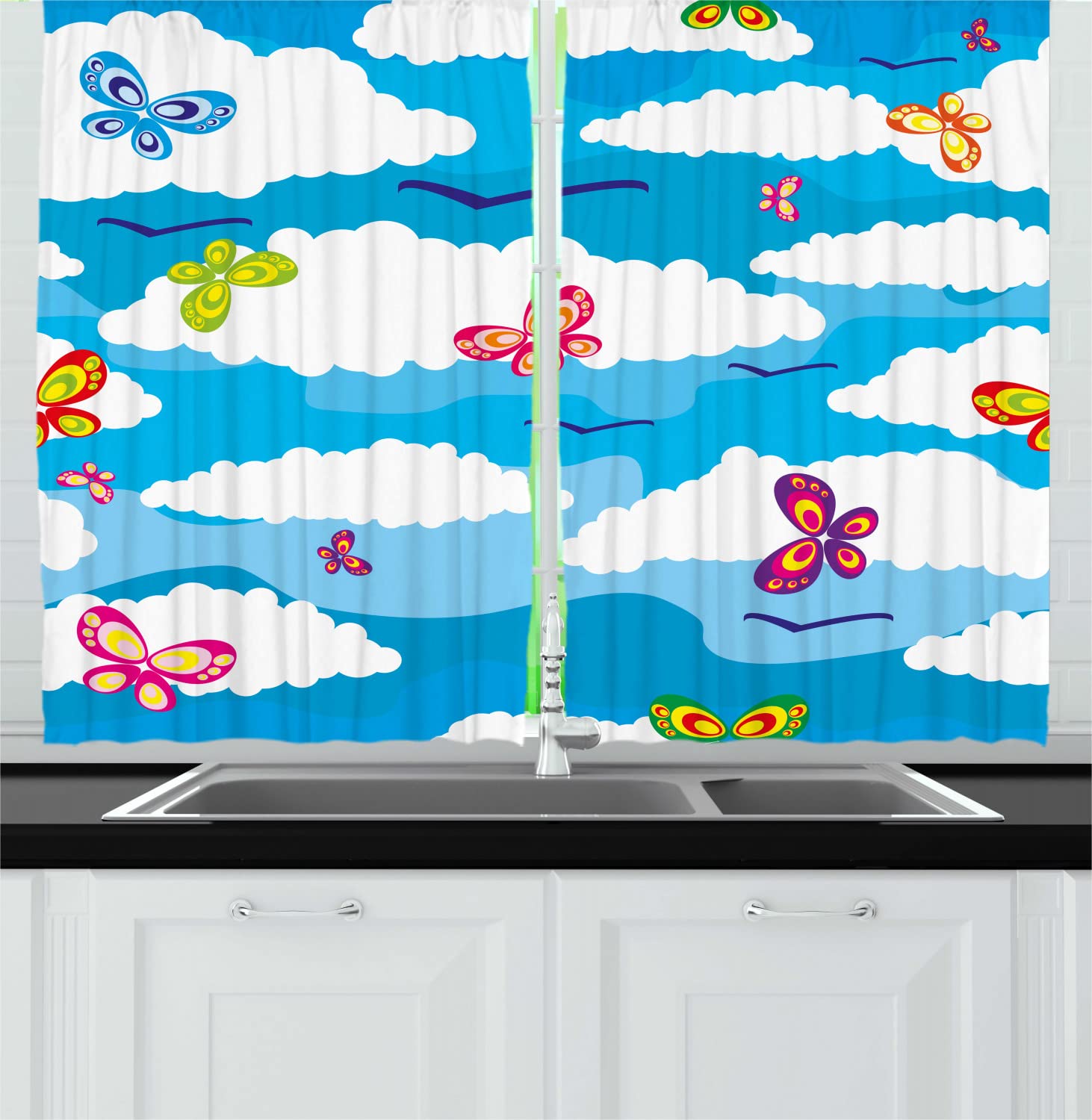Ambesonne Spring Long Kitchen Curtains - Fluffy Clouds & Colorful Butterflies Design, 55