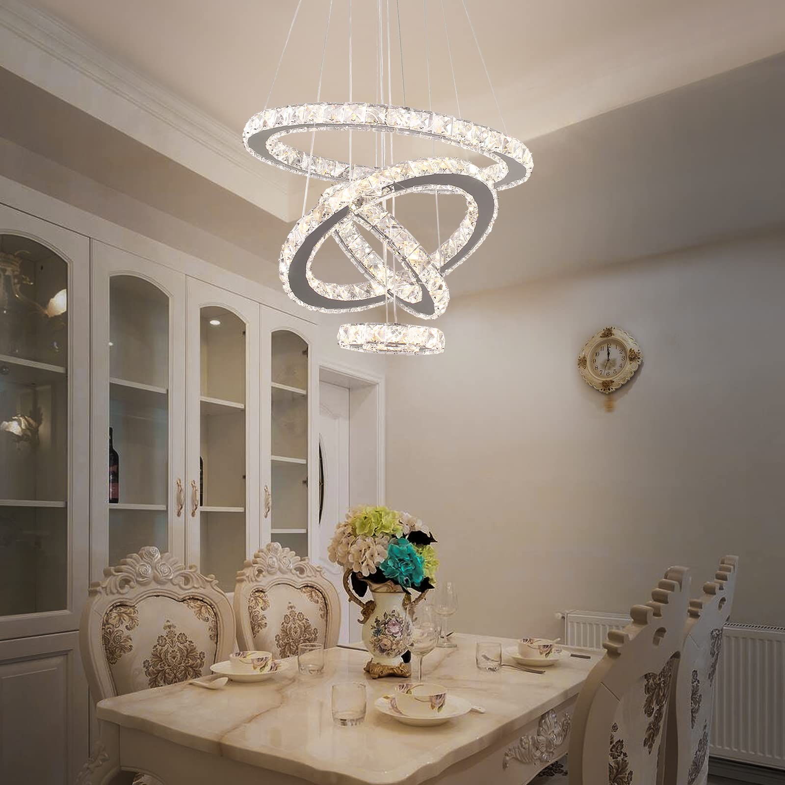 Modern LED Crystal Chandelier - Adjustable Stainless Steel Pendant Light Fixture with Dimmable Rings for Living Room, Dining Room, Bedroom | Elegant Home Lighting for Parties, Weddings & Luxury Interior Decor