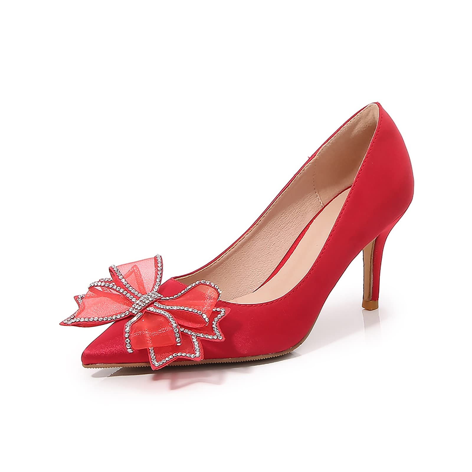 QAZX Women's Mid High Heel Pointed Toe Pumps - Elegant Bowknot Dress Shoes for Office, Work, Party, Prom, Wedding & Bridal Events (Red, Size 40) | Comfortable & Stylish Heels for Professional & Special Occasions