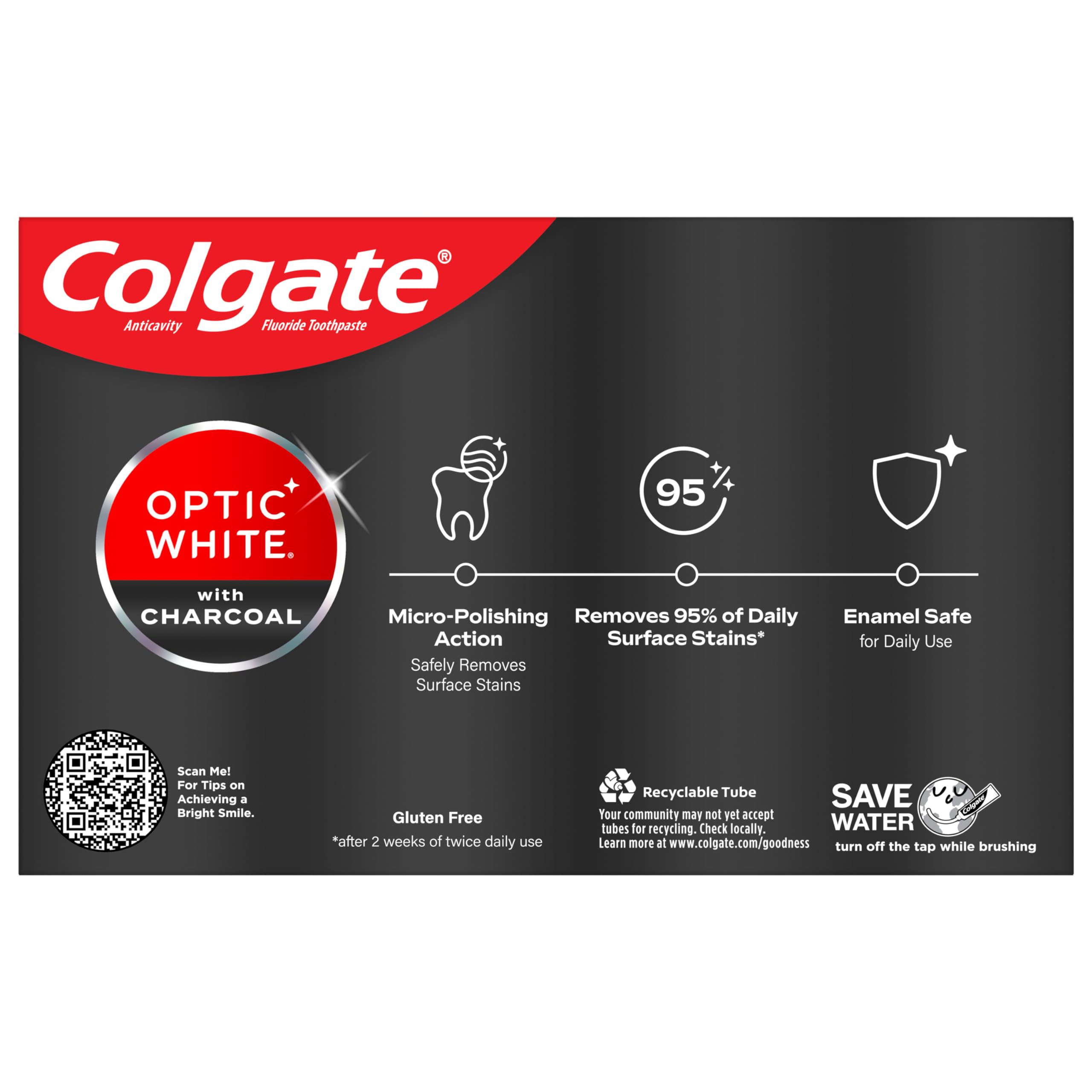 Colgate Optic White Charcoal Whitening Toothpaste - Cool Mint Flavor, Enamel-Safe with Fluoride, 2 Pack (4.2oz Tubes) | Teeth Stain Removal & Fresh Breath for Daily Oral Care
