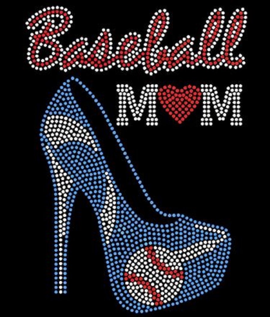 Baseball Mom Rhinestone Heel Stiletto Iron-On Transfer - Blue Heart Design for DIY T-Shirts & Apparel | Perfect for Baseball Games, Team Spirit & Mom Pride