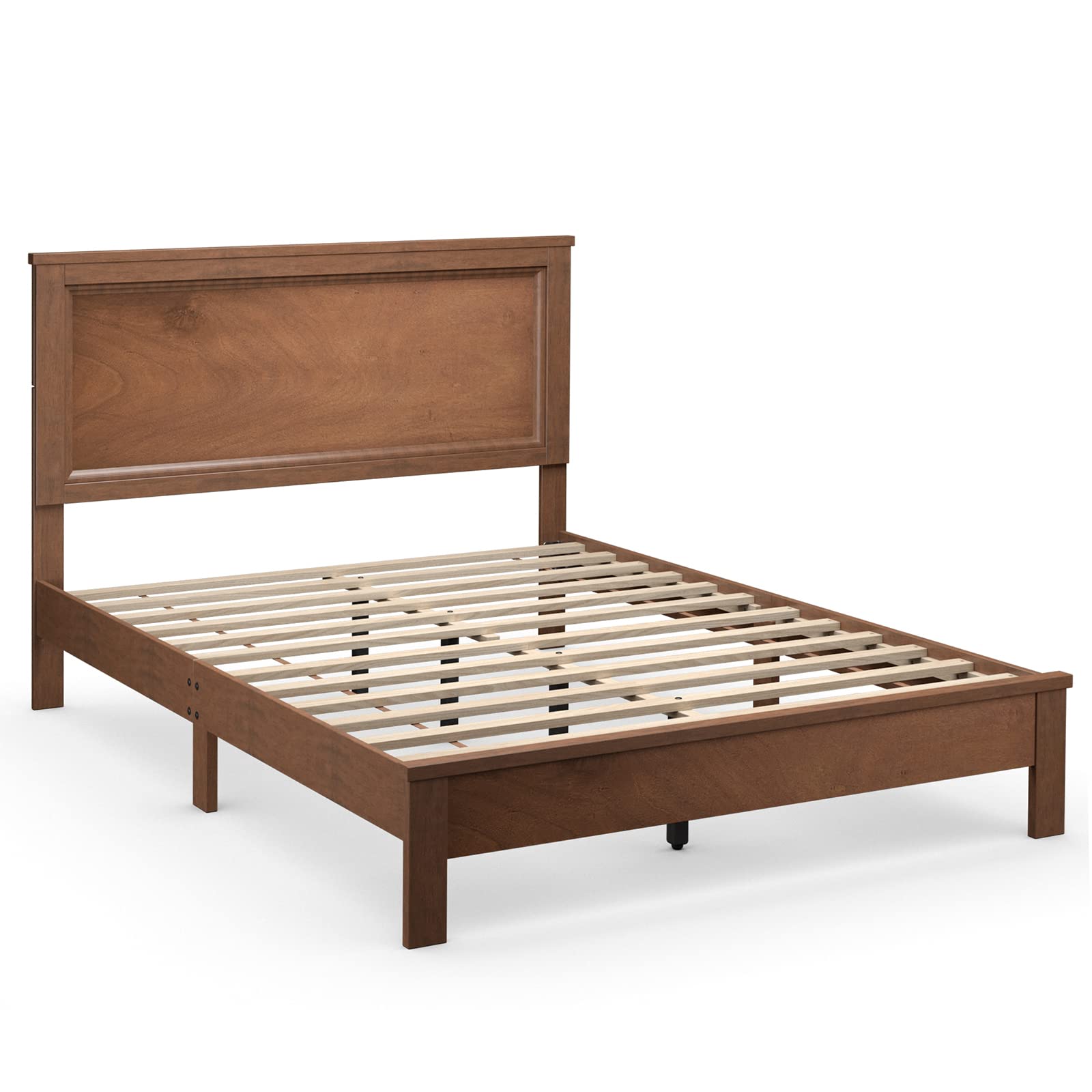 KOMFOTT Full Size Wood Platform Bed Frame with Headboard - Mid Century Modern Walnut Bed with Slat Support & Under Bed Storage - No Box Spring Needed - Perfect for Small Bedrooms, Guest Rooms & Apartments