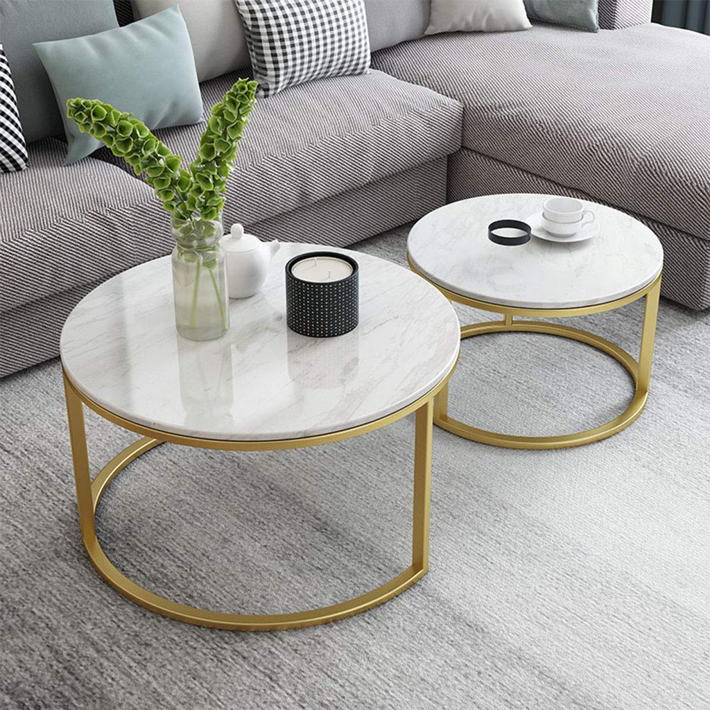 Modern Round Nesting Coffee Tables Set of 2 - Marble Top with Metal Base for Living Room, Lounge & Office - Space-Saving Home Décor Furniture for Small Apartments & Cozy Spaces