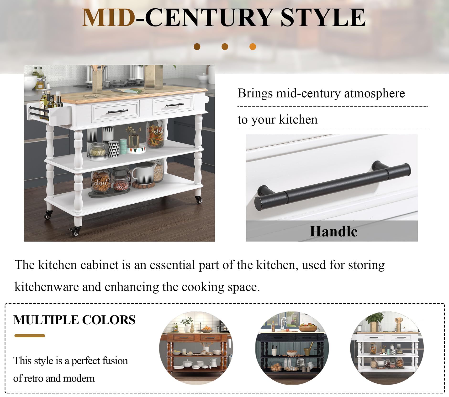 56 Inch Solid Oak Wood Kitchen Island Cart with 2 Drawers & Storage Shelves - Rolling Kitchen Cart with Wine Rack, Spice Organizer - White - Perfect for Small Kitchens, Dining Rooms & Home Bar Setup