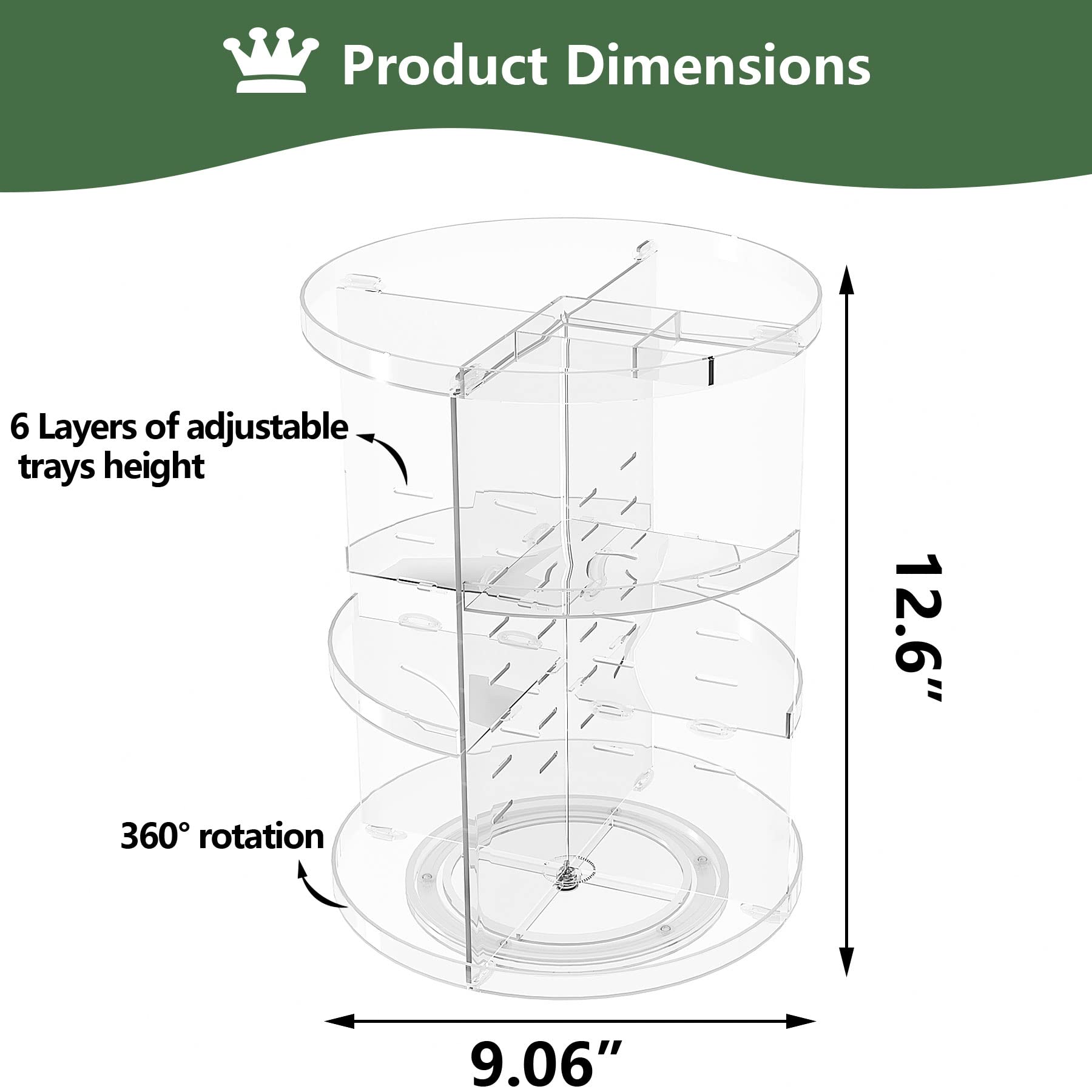 C&AHOME 360° Rotating Makeup Organizer - Large Capacity Adjustable Cosmetic Storage Display with 6-Tier Acrylic Shelves | Perfect for Vanity, Bathroom & Dressing Table Organization (URMOP360C)