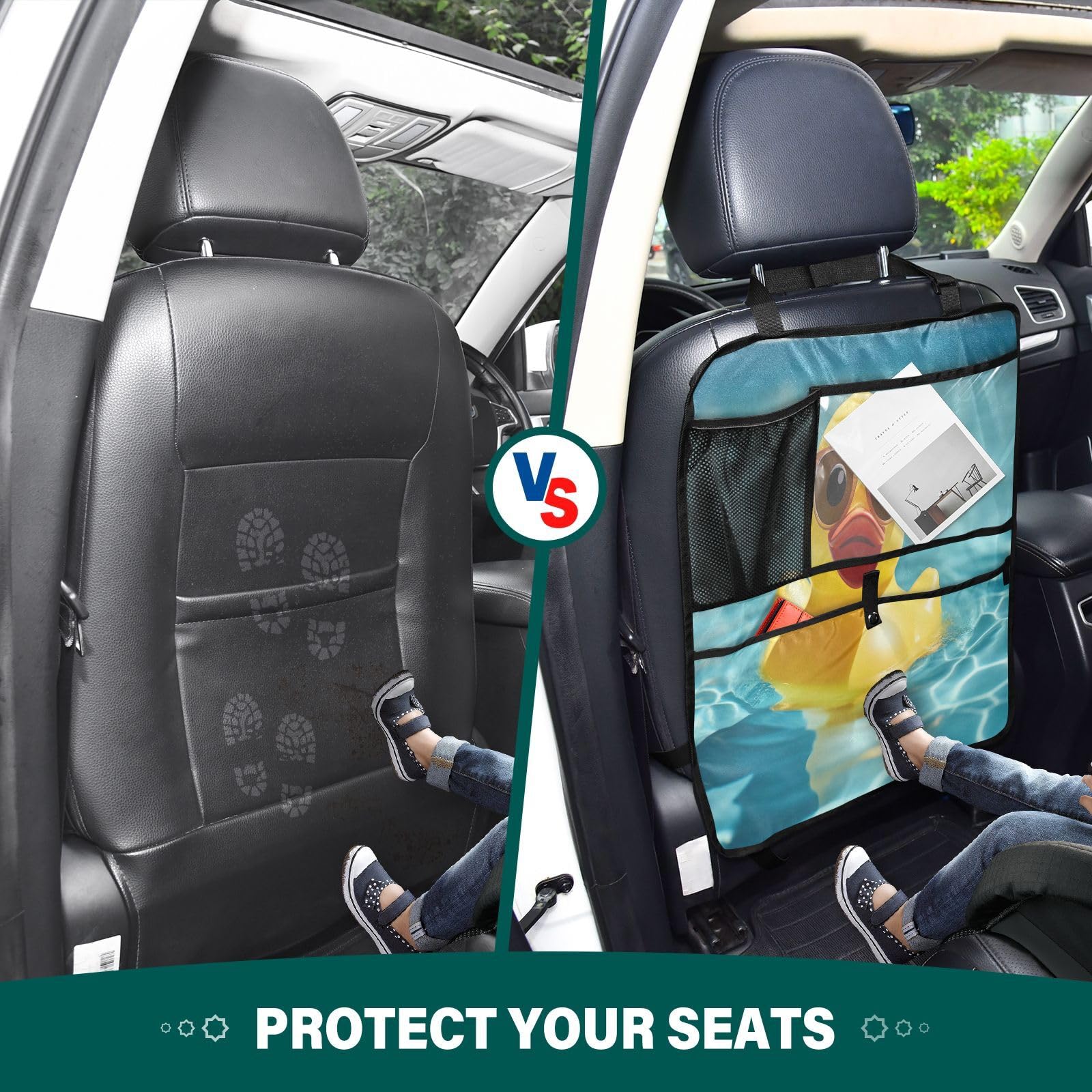 Stylish Rubber Duck with Sunglasses Car Seat Protector - Waterproof Back Seat Organizer with Storage Pockets, Anti-Slip Kick Mats for Kids - Perfect for Family Road Trips & Child Safety