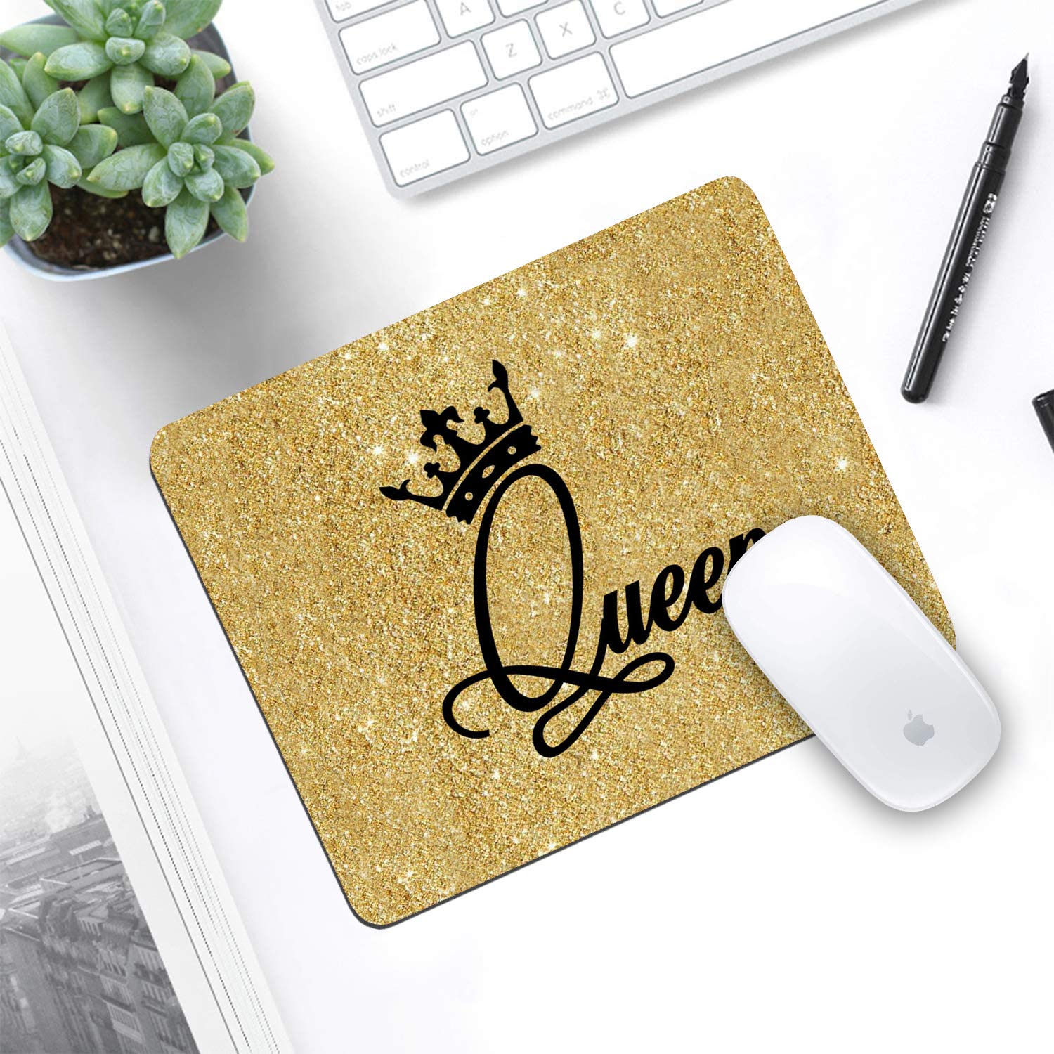 Gold Glitter Crown Queen Mouse Pad with Non-Slip Rubber Base - Motivational Quote Office Accessory for Laptop & Computer | Perfect for Gaming, Work & Home Office Setup