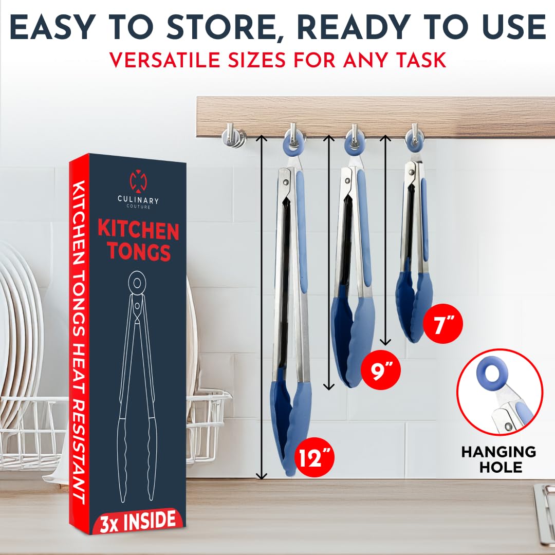 Premium Silicone Kitchen Tongs Set - 3 Heat-Resistant Cooking Tongs (7