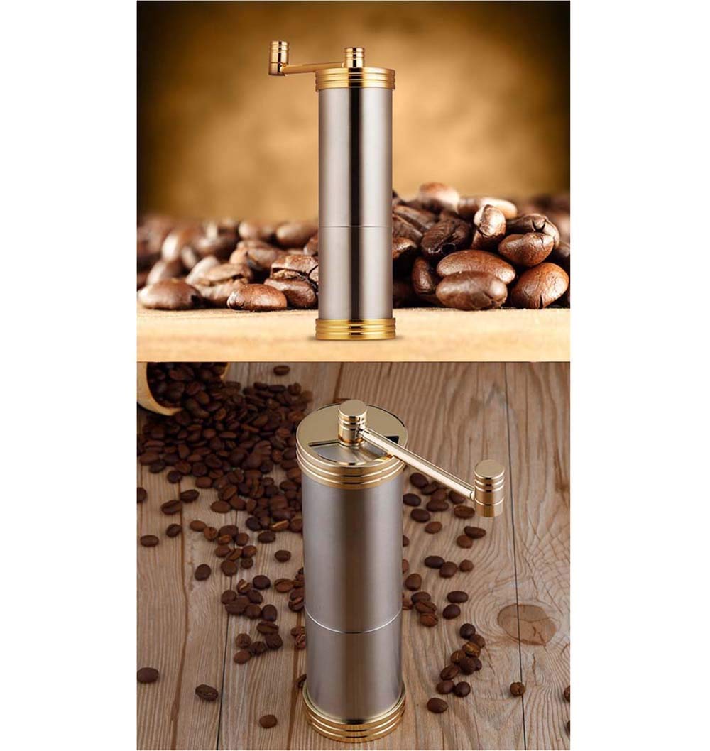 Portable Stainless Steel Manual Coffee Grinder with Ceramic Burr - Hand Crank Coffee Bean Grinder for Espresso, French Press & Travel (55-190mm, Gold) | Perfect for Home, Office & Camping Use