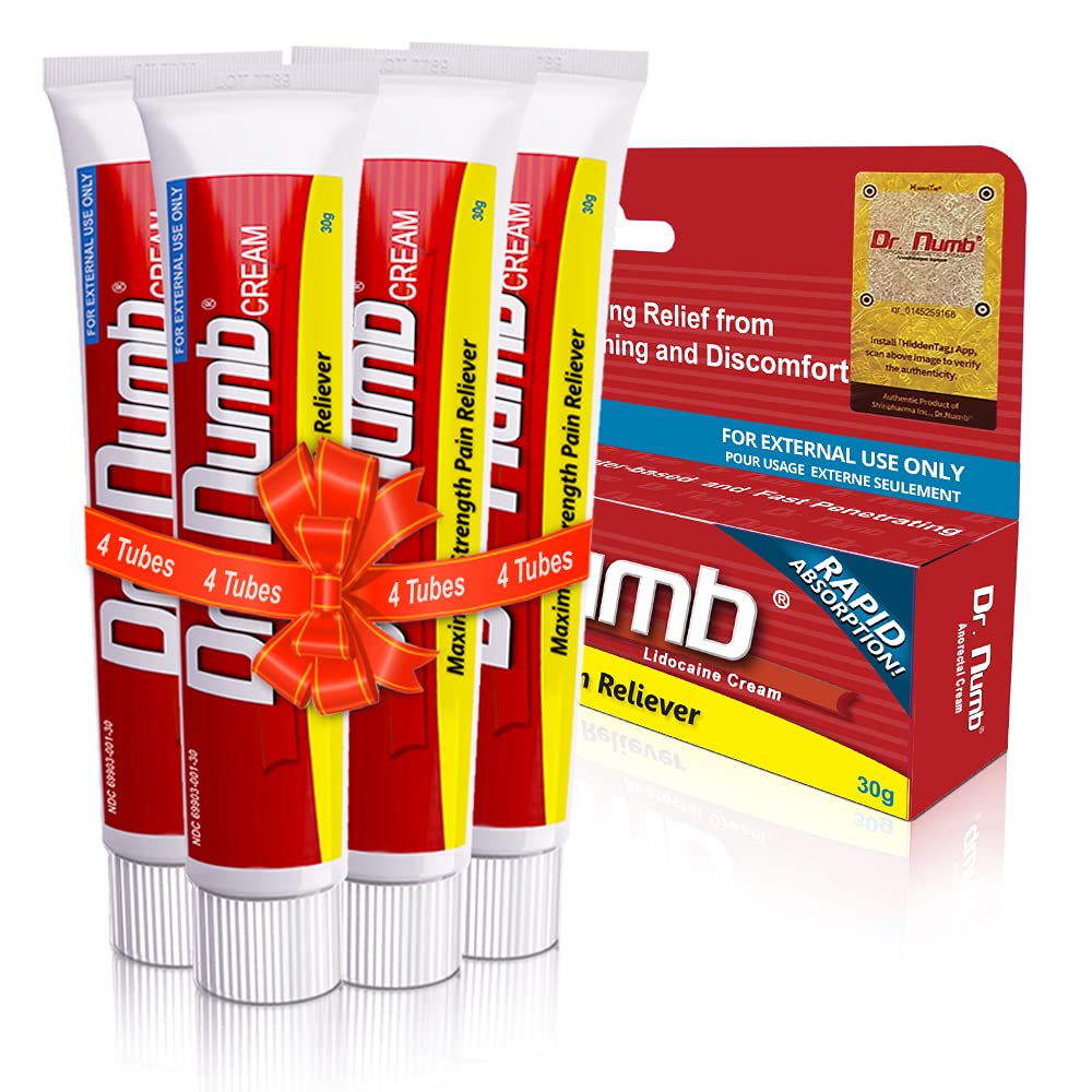 Dr. Numb 5% Lidocaine Numbing Cream - Maximum Strength Topical Anesthetic for Tattoos, Piercings & Microneedling - Nonprescription Pain Relief Cream for Hemorrhoids & Skin Procedures - 30g (4 Pack) - Perfect for Tattoo Sessions, Body Piercing, Cosmetic Treatments & Pain Management