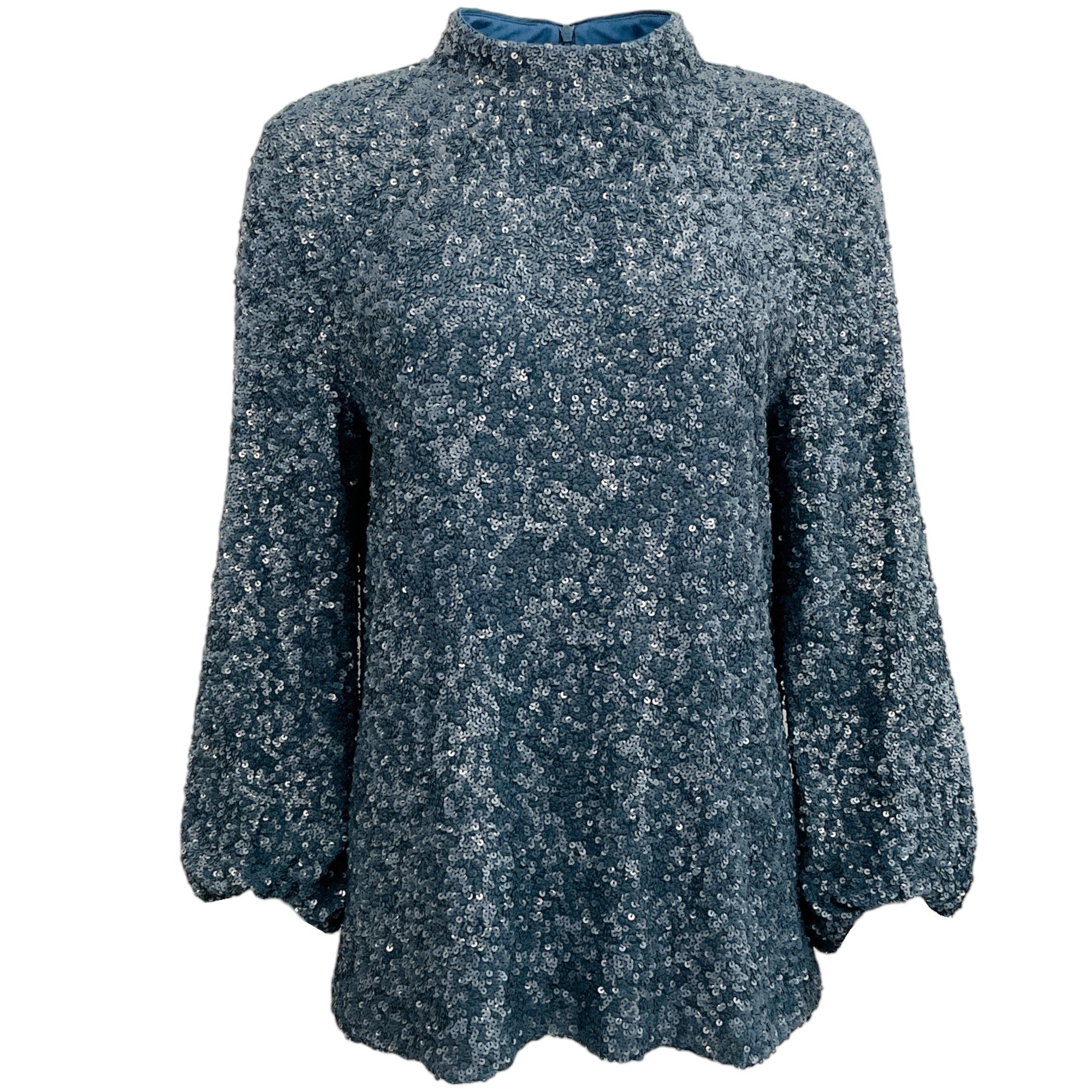 Lafayette 148 New York Blue Sequined Mock Neck Blouse for Women | Elegant Party Top for Evening Events, Date Nights & Special Occasions