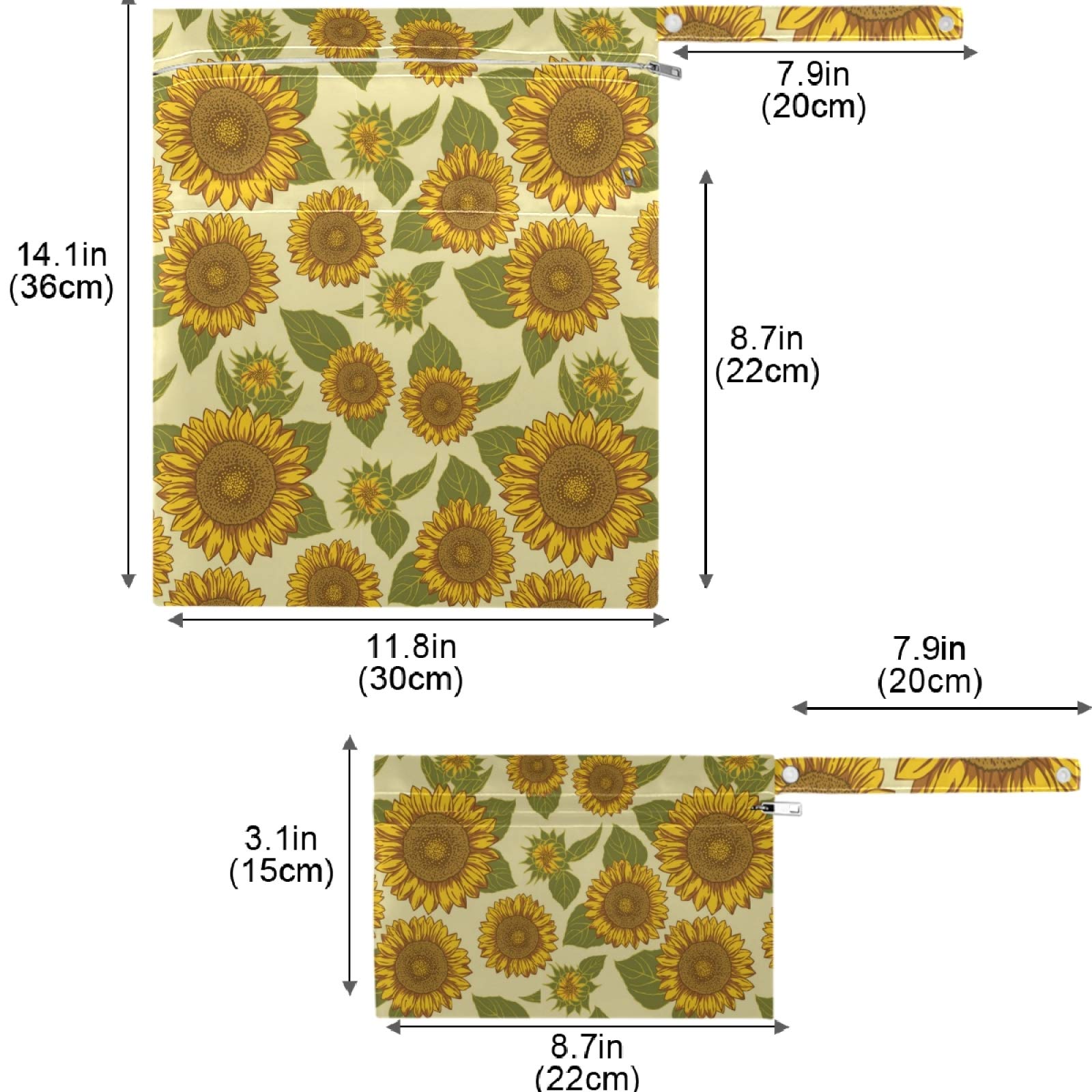 2-Pack Sunflower with Leaf Wet Bags - Waterproof Reusable Zippered Pockets for Travel, Beach, Pool & Gym | Perfect for Diapers, Swimsuits, Toiletries & Dirty Clothes (Daycare, Stroller & Sports Use)