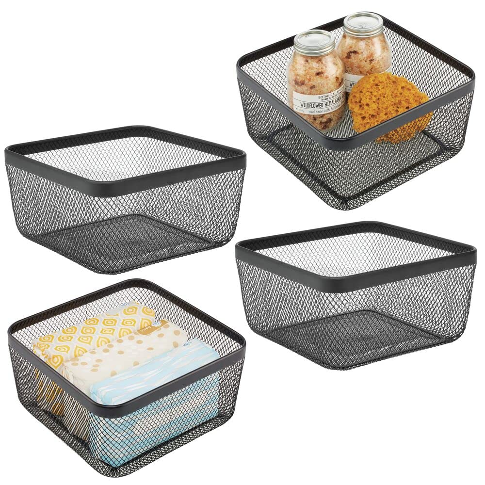 Decorative Metal Bathroom Storage Organizer Bin Basket - 4 Pack Black - Vanity, Towel & Cosmetic Organizer for Cabinets & Shelves - Perfect for Sponges, Makeup, Shampoo & Hand Towels - Ideal for Bathroom, Spa & Home Organization