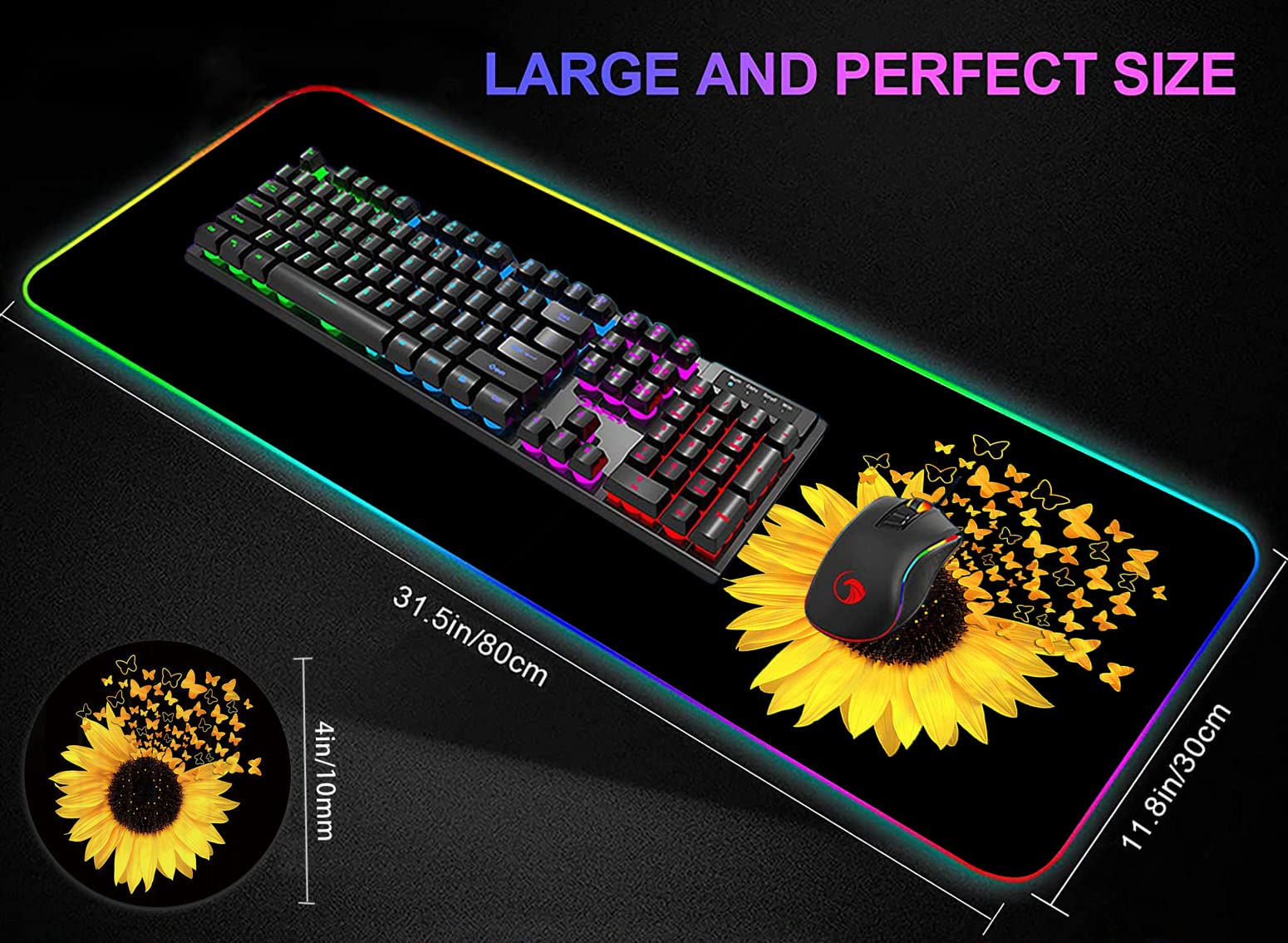 RGB Gaming Mouse Pad - Large LED Light-Up Desk Mat with Non-Slip Waterproof Surface for PC Gaming, Office Work & Home Use | Sunflower Butterfly Design