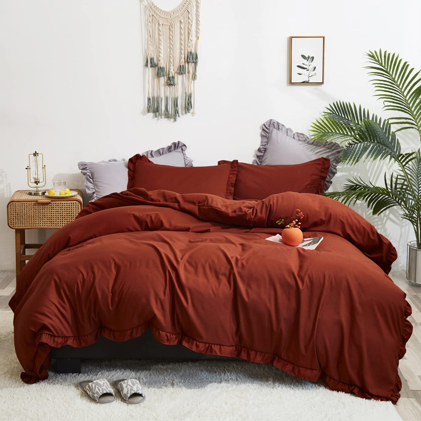 Burnt Orange Ruffle Comforter Set King - 100% Cotton Farmhouse Shabby Chic Bedding | Vintage Fringe Quilted Blanket for Women & Men | Soft Breathable Comforter for Master Bedroom, Guest Room & Dorm Decor