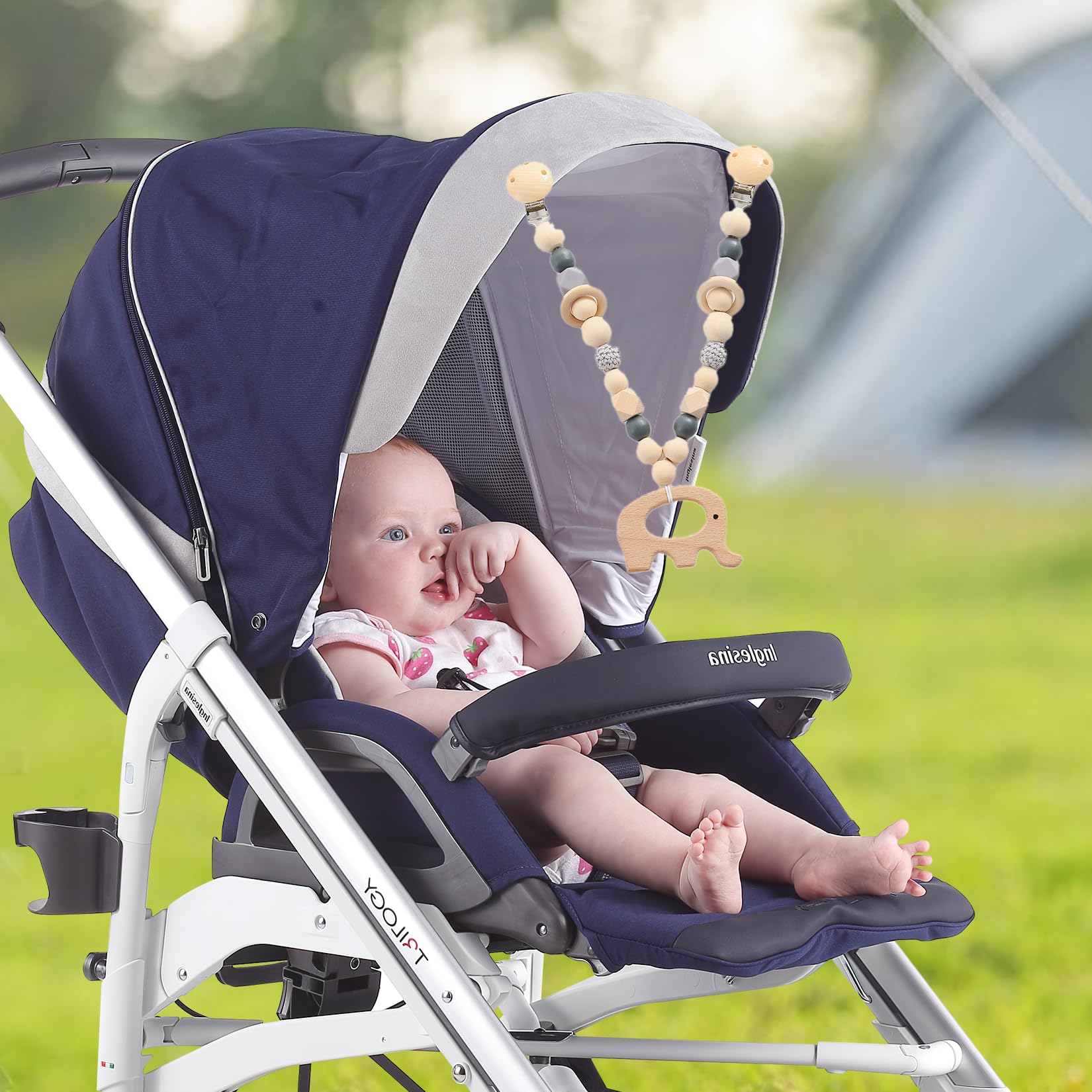 JurciCat Wooden Stroller Toy Chain - Natural Wood Baby Toy for 0-12 Months - Perfect for Strollers, Cribs & Car Seats - Great Baby Shower Gift & Early Learning Developmental Toy