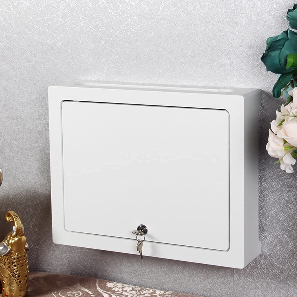 White Wall-Mounted WiFi Router Storage Rack with Lock - 38cm Floating Shelf for Network Equipment, Cable Management & Weak Current Box Organization | Perfect for Home Office, Living Room & Smart Home Setup