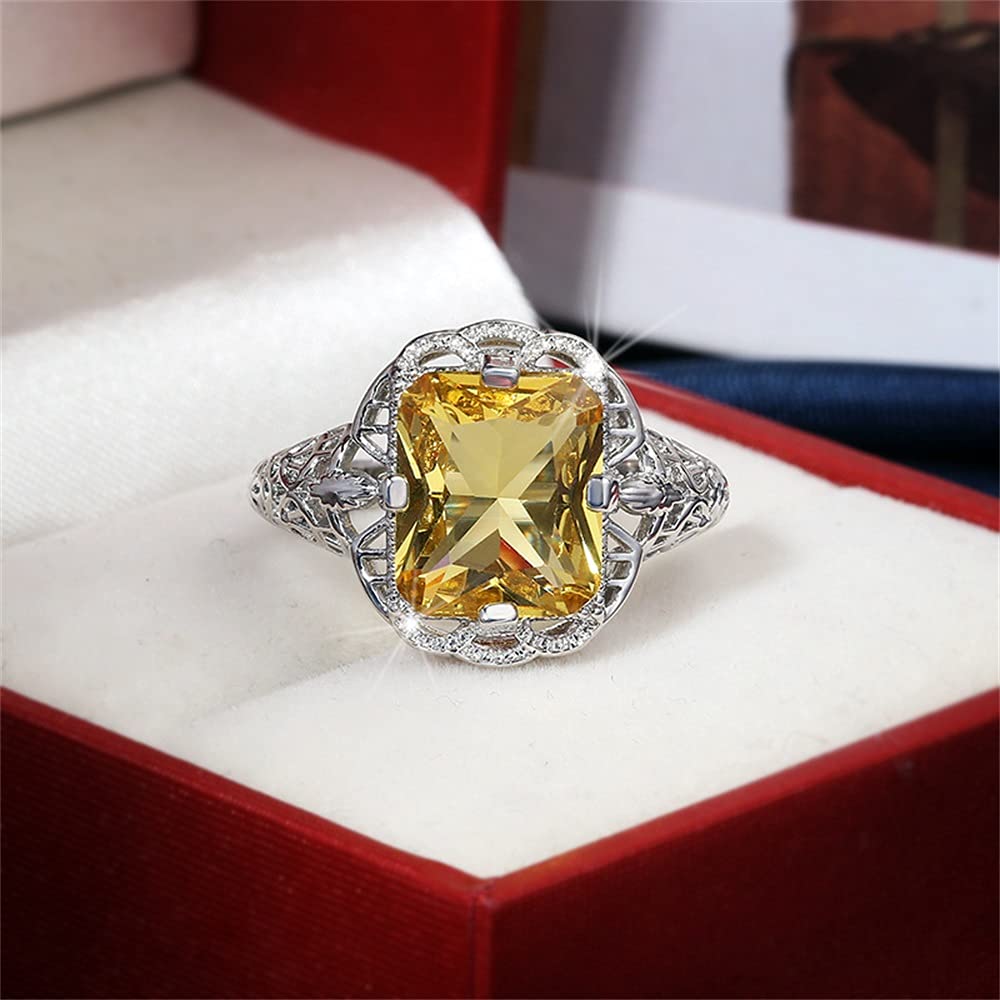 925 Sterling Silver Hollow-Out Princess Cut Citrine Ring – Large Carat Topaz Birthstone, Promise & Engagement Ring for Women – Elegant Wedding Band & Cocktail Party Jewelry (Perfect for Anniversaries, Valentine’s Day & Special Occasions)