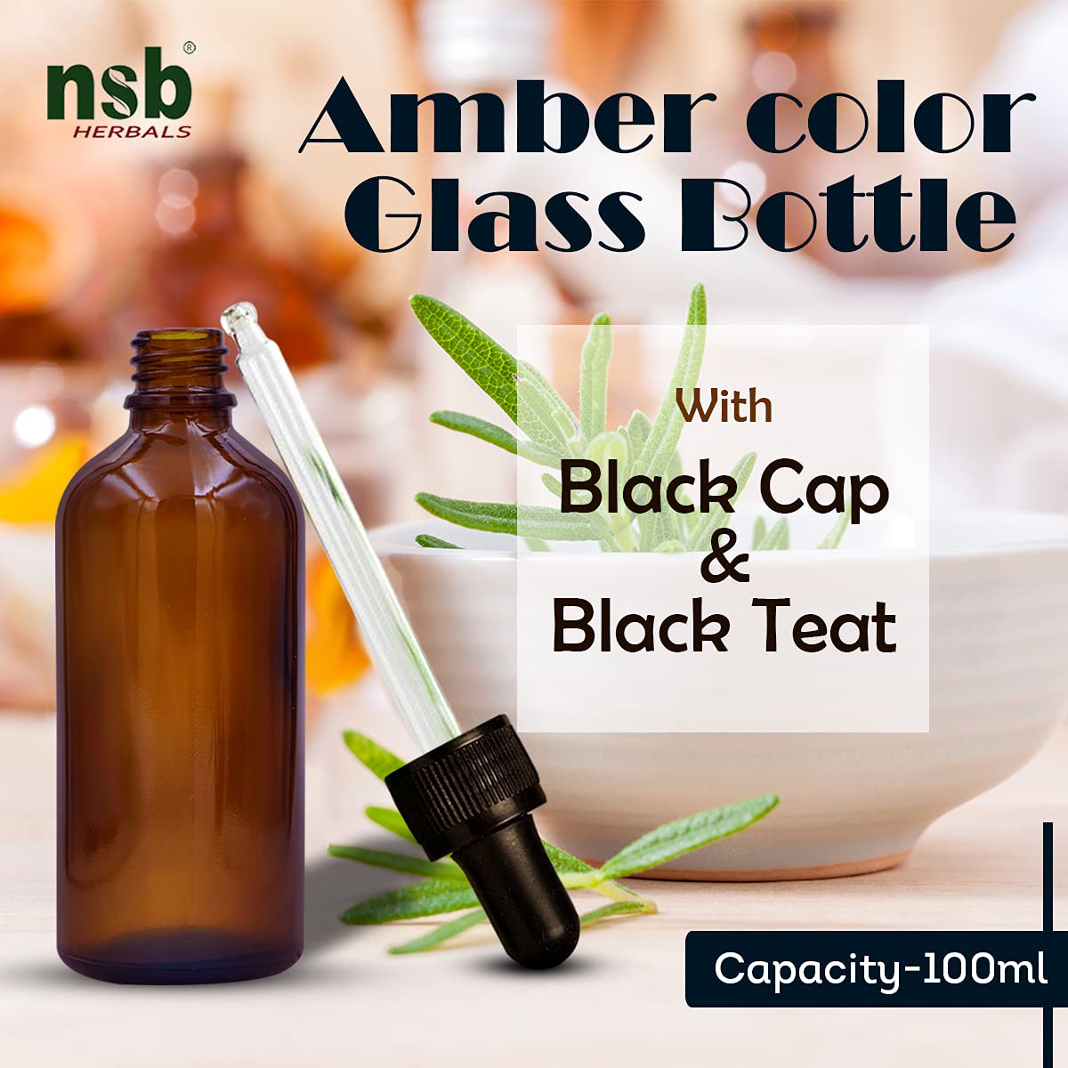 NSB Herbals 100ml Amber Round Empty Glass Bottle with Glass Dropper, Black Ring & Silicone Teat - Refillable Essential Oil, Perfume & Blend Container (Pack of 1) | Perfect for DIY Aromatherapy, Skincare & Natural Perfume Making