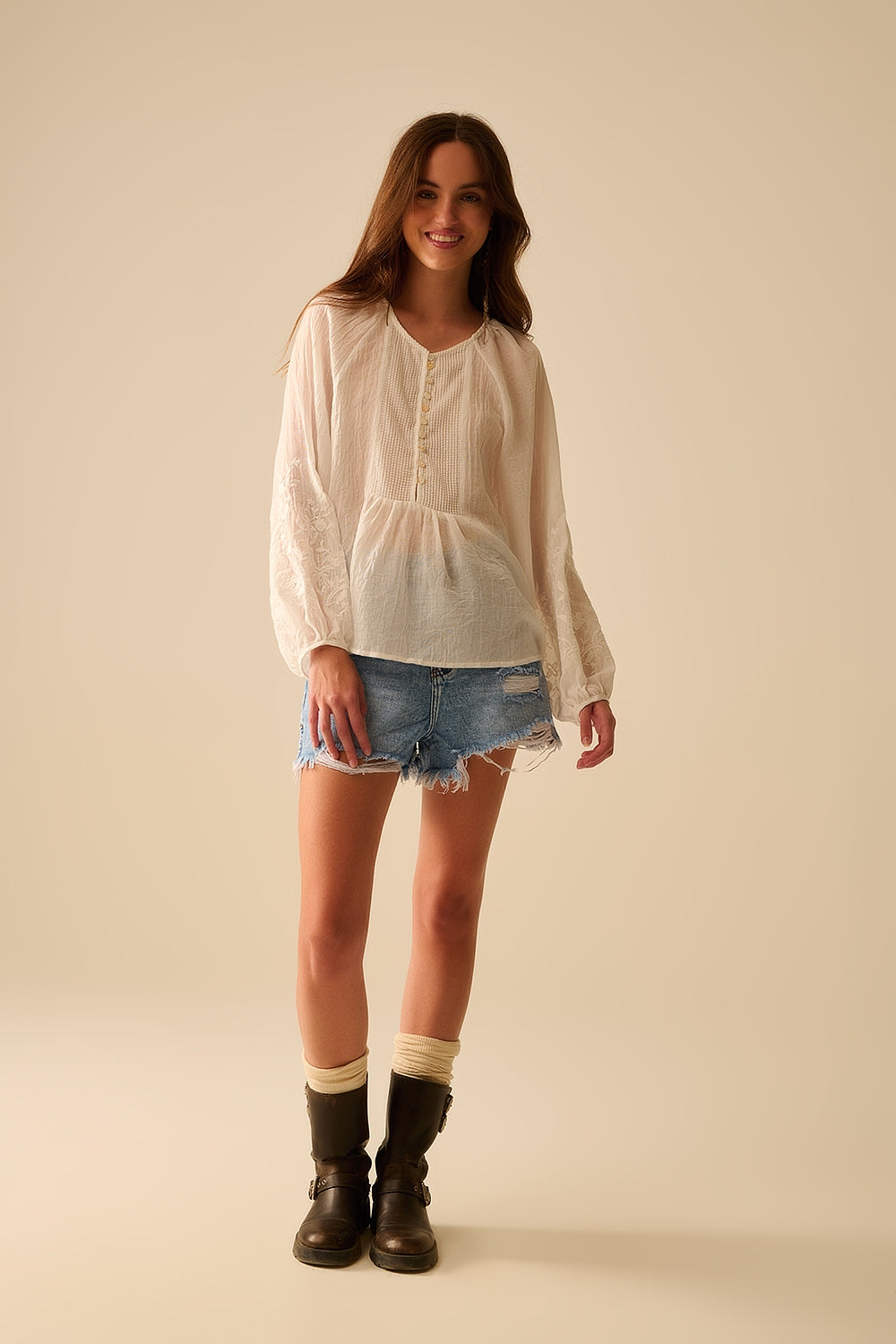 White Silk Chiffon Blouse with Embroidered Sleeves - Elegant Women's Top for Office, Party & Special Occasions