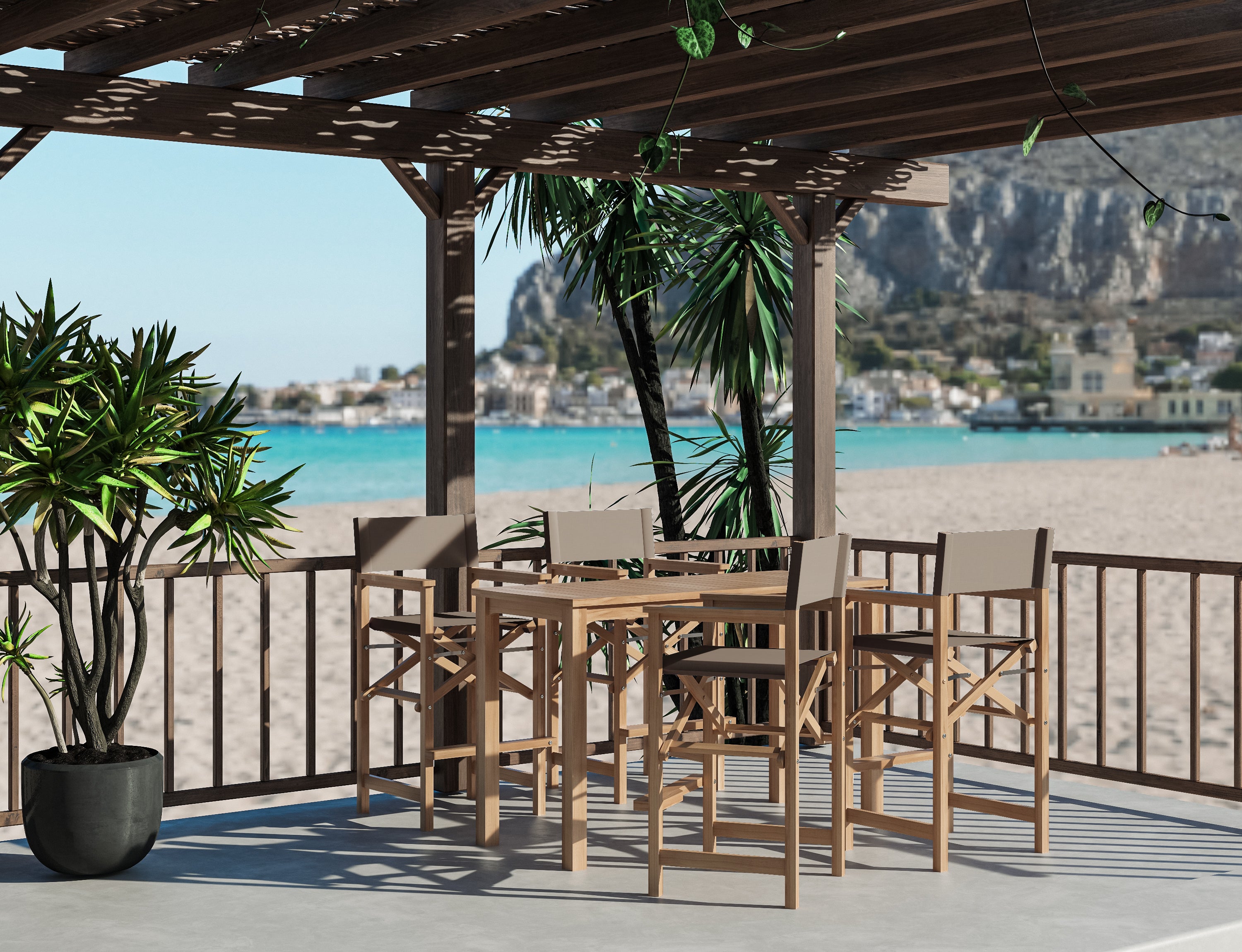 5-Piece Rectangular Teak Outdoor Counter Height Dining Set with Folding Armchairs - Taupe Patio Furniture for Backyard, Deck, or Poolside Dining