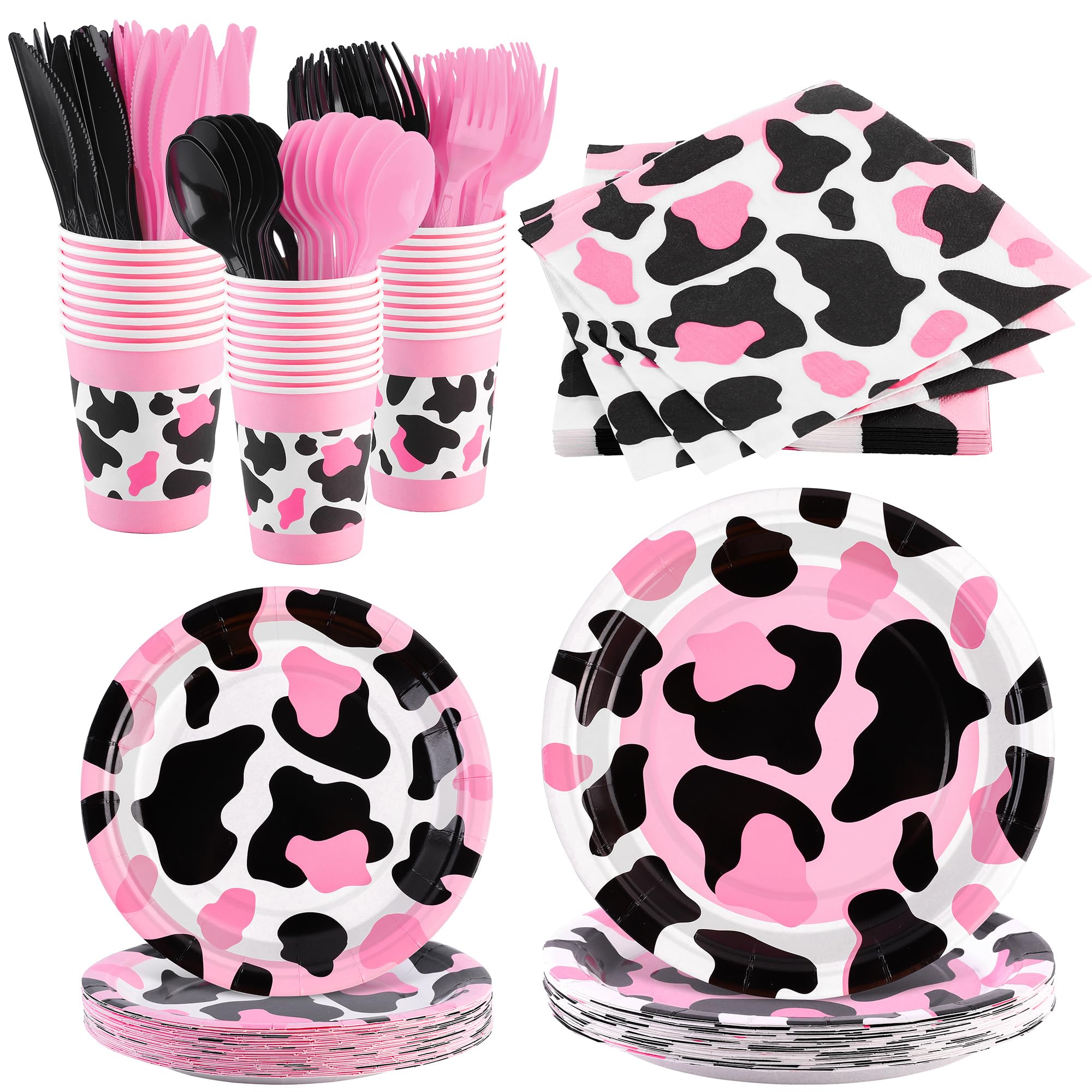 210-Piece Pink Cow Print Tableware Set - Plates, Cups, Napkins, Forks, Spoons & Knives for Cowgirl Party, Baby Shower, Farm Birthday - Serve 30 Guests - Perfect for Western Themed Events, Kids Birthday Parties & Farmhouse Decorations