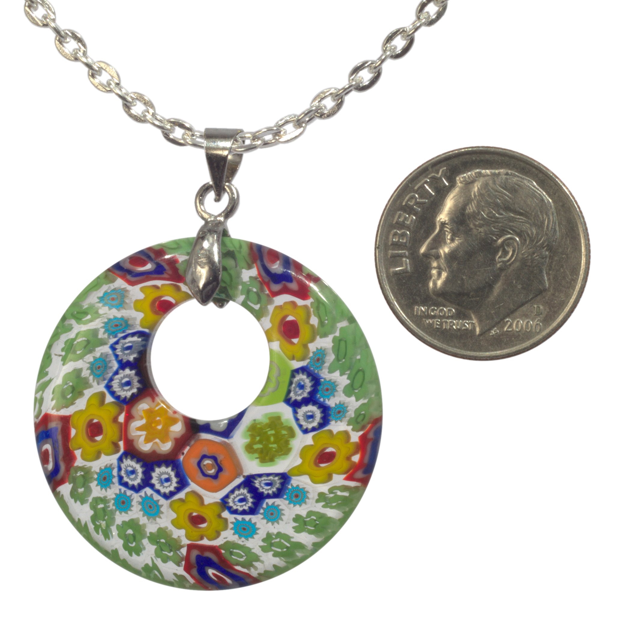 Unisex Millefiori Glass Donut Pendant Necklace with 20