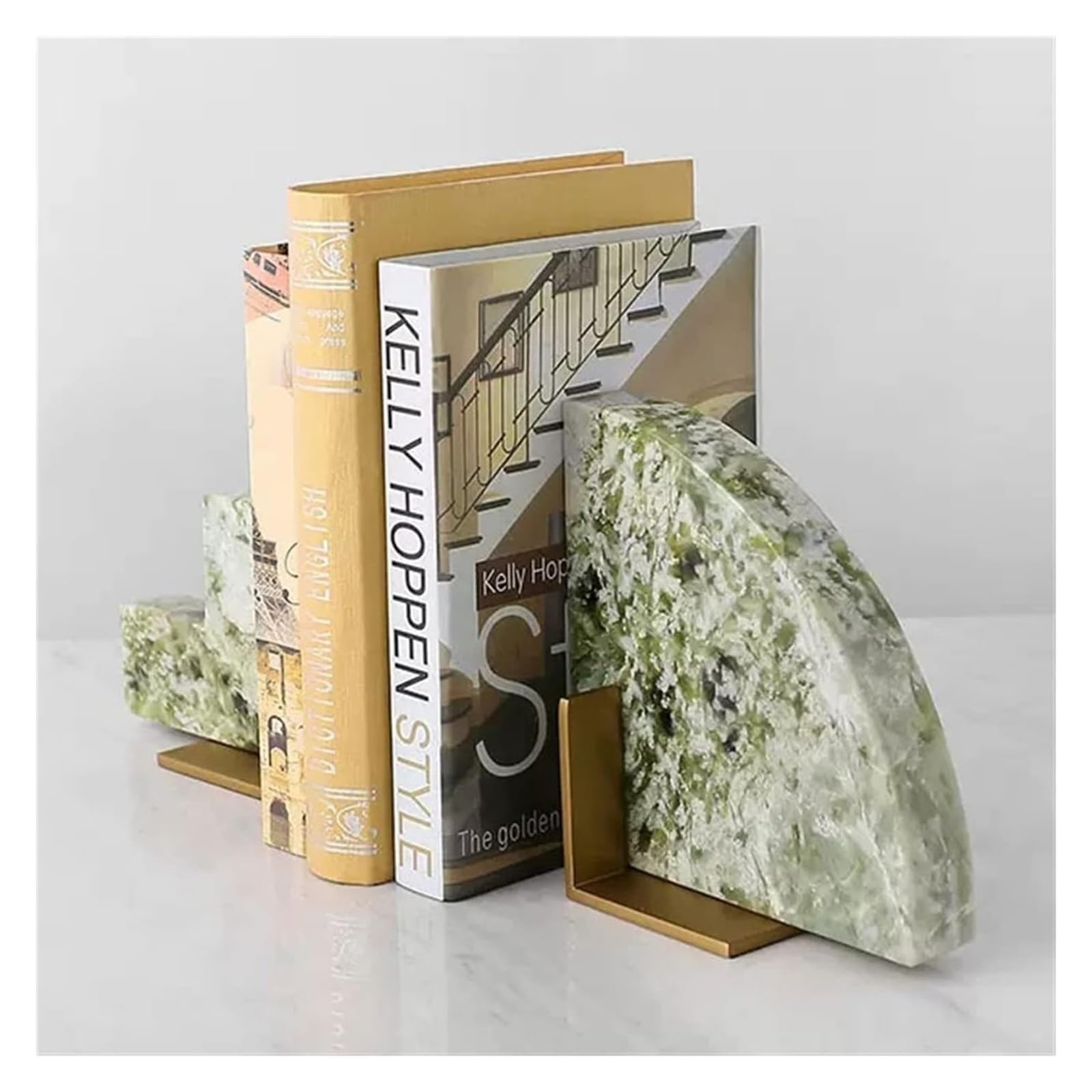 Geometric Marble & Brass Bookends - Decorative Office Desk & Bookshelf Organizer for Home, Office, or Library | Stylish Book Stand & Shelf Decor Accessory