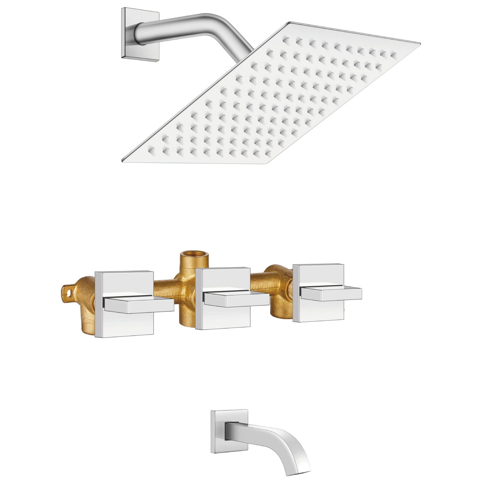 Aolemi 3 Handle Chrome Bathtub Shower Faucet Set with 8 Inch Rainfall Showerhead, Tub Spout & Rough-in Valve - Wall Mount Shower System for Bathroom Remodeling & Luxury Spa Experience