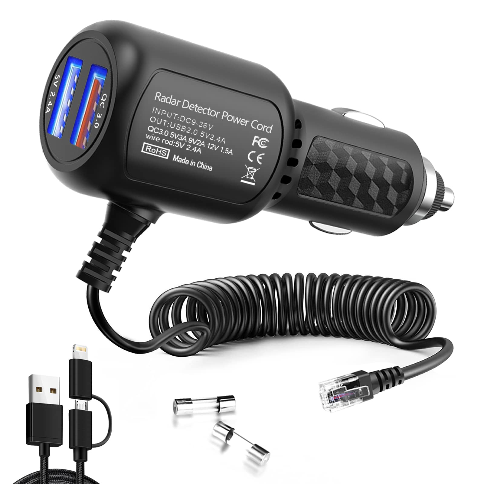 Uniden Escort Valentine Beltronics Passport Cobra Radar Detector Power Cord with Dual USB QC3.0 Fast Charger (RJ11) - Perfect for Road Trips & Highway Driving