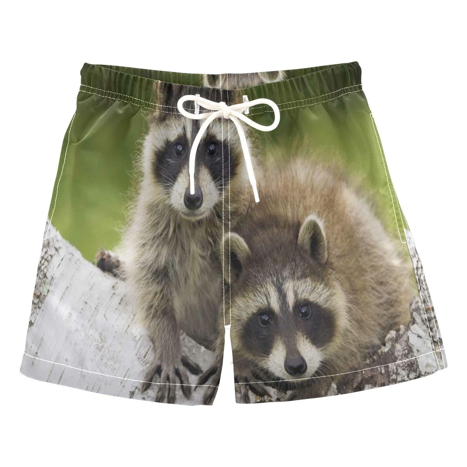 Boys' Animal Print Raccoon Swim Trunks with Mesh Lining - Quick Dry Beach Shorts, Adjustable Waistband - Perfect for Pool, Beach & Summer Water Activities