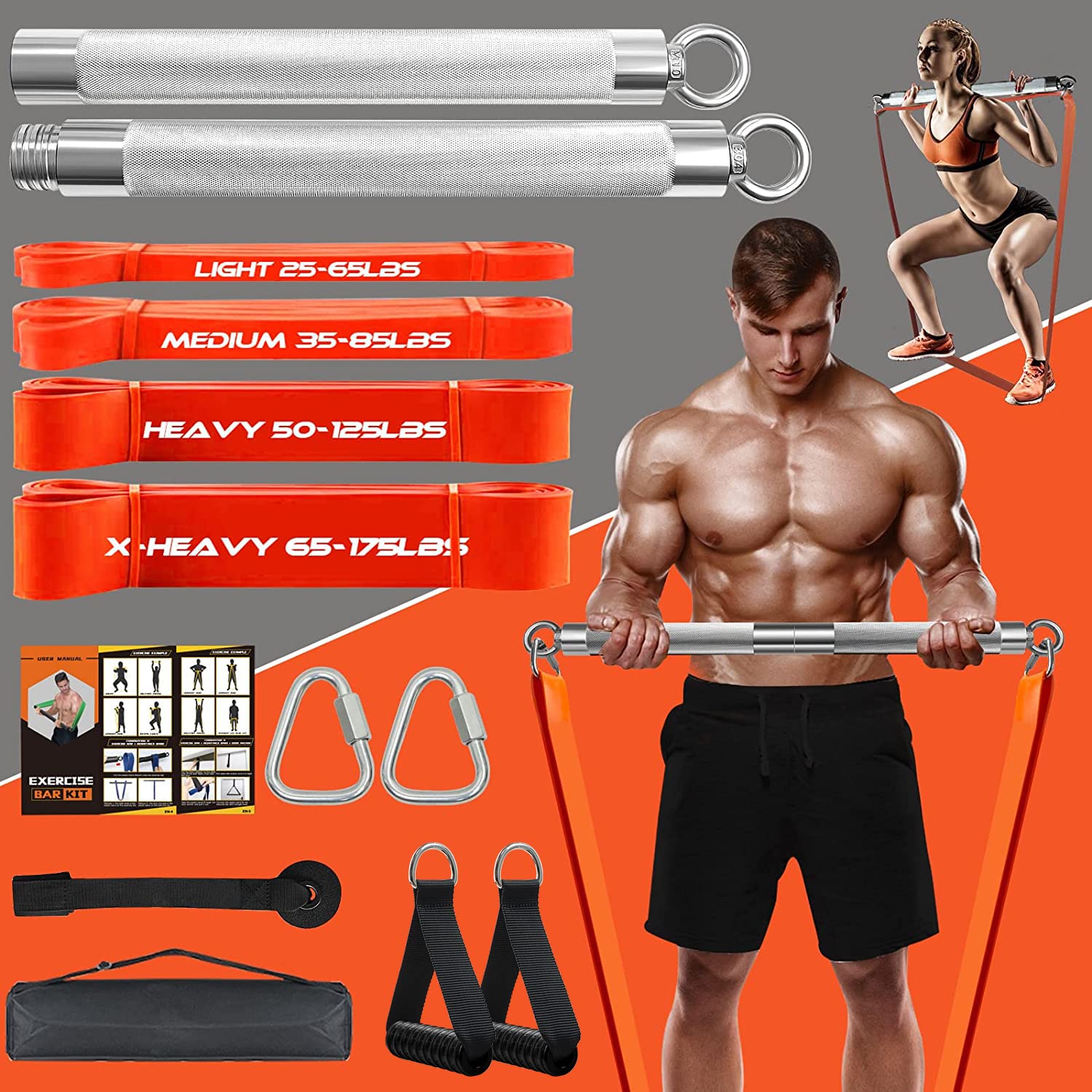 Premium Heavy Duty Home Gym Resistance Band Bar Set - 4 Stackable Bands, Detachable Full Body Workout Equipment (500LBS Capacity) for Strength Training, Muscle Building & Home Fitness | Includes Workout Guide & Storage Bag | Perfect for Small Spaces, Travel & Apartment Workouts