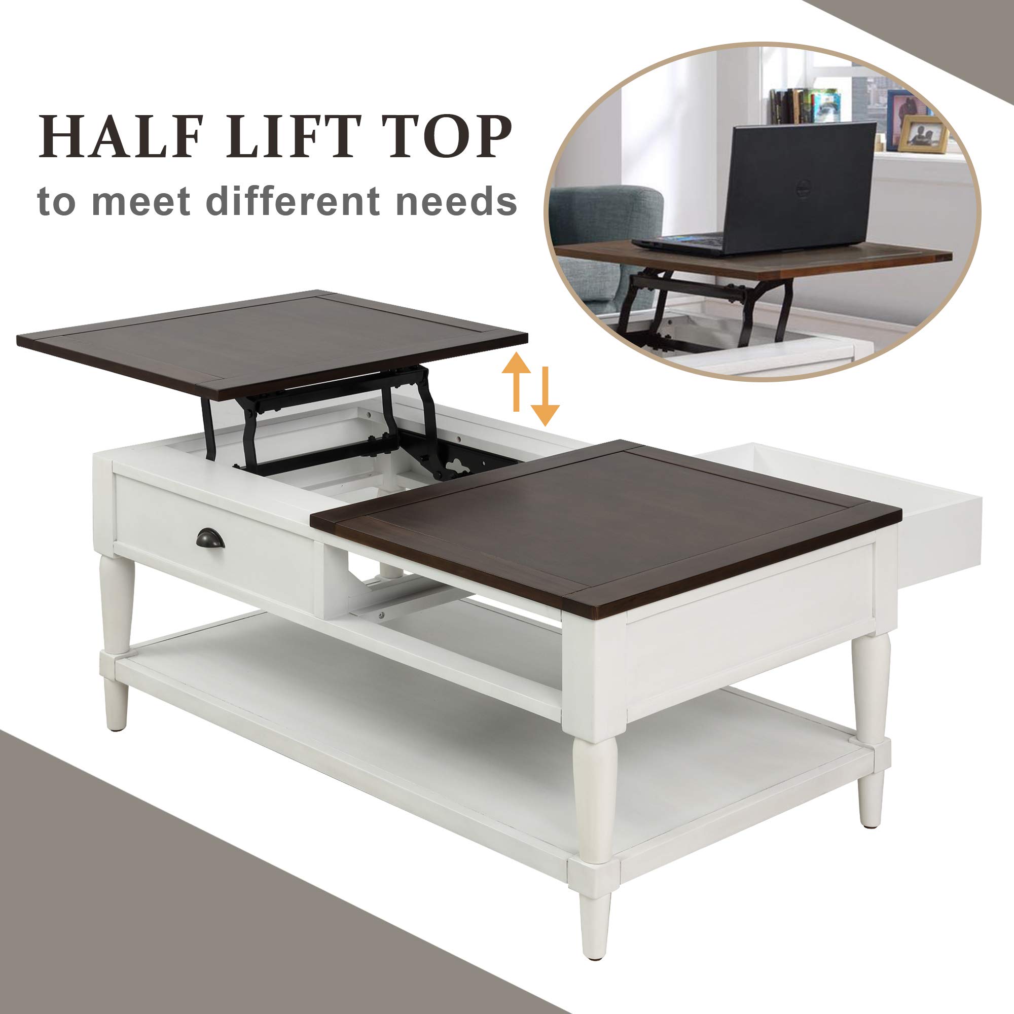 Lift Top Coffee Table with Drawer and Shelf - Solid Wood Modern End Table for Living Room, Home Office - White & Brown - Perfect for Small Spaces, Storage & Stylish Decor