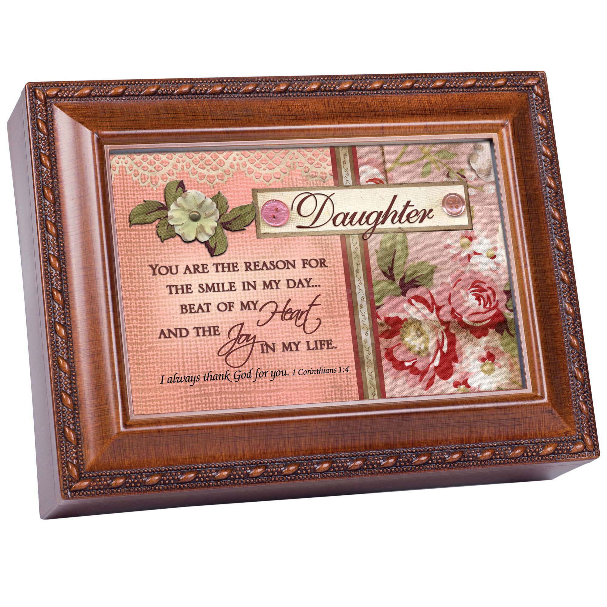 Vintage Woodgrain Music Jewelry Box - Cottage Garden Daughter Design Plays 'Friend in Jesus' Song - Perfect for Gift Giving, Home Decor & Keepsake Storage